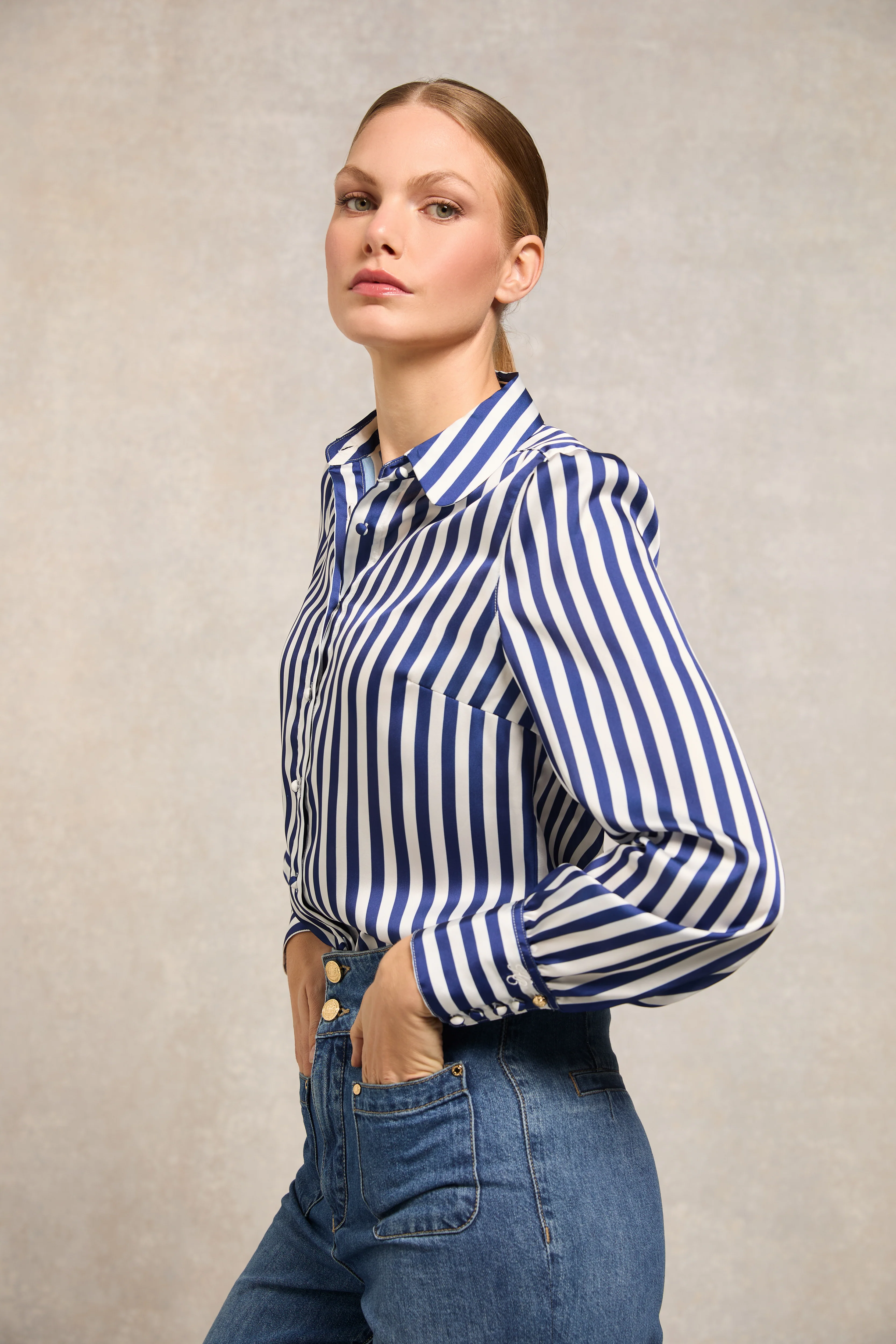 Isla Satin Shirt (Navy Stripe)