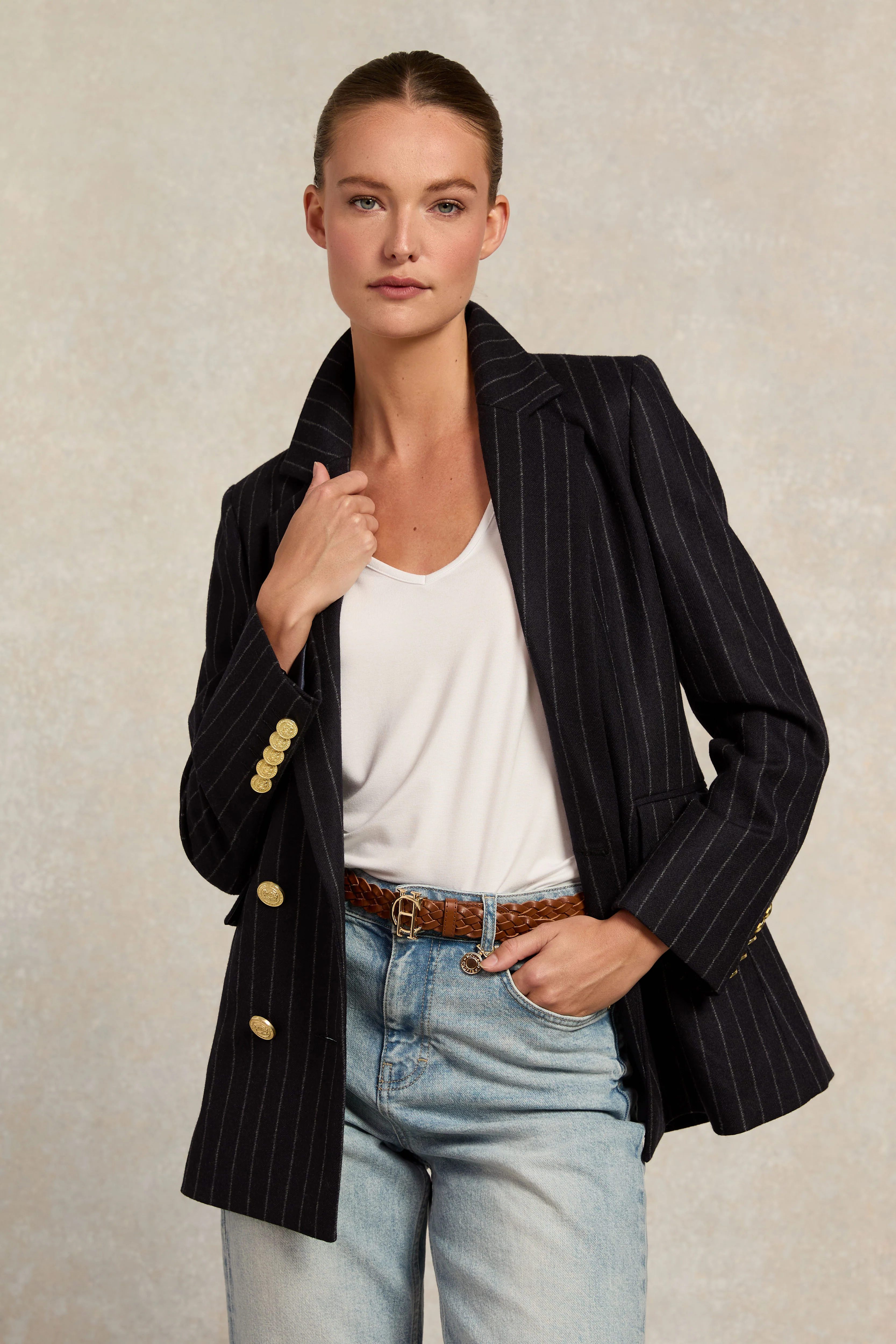 Double Breasted Blazer (Navy Chalk Pinstripe)