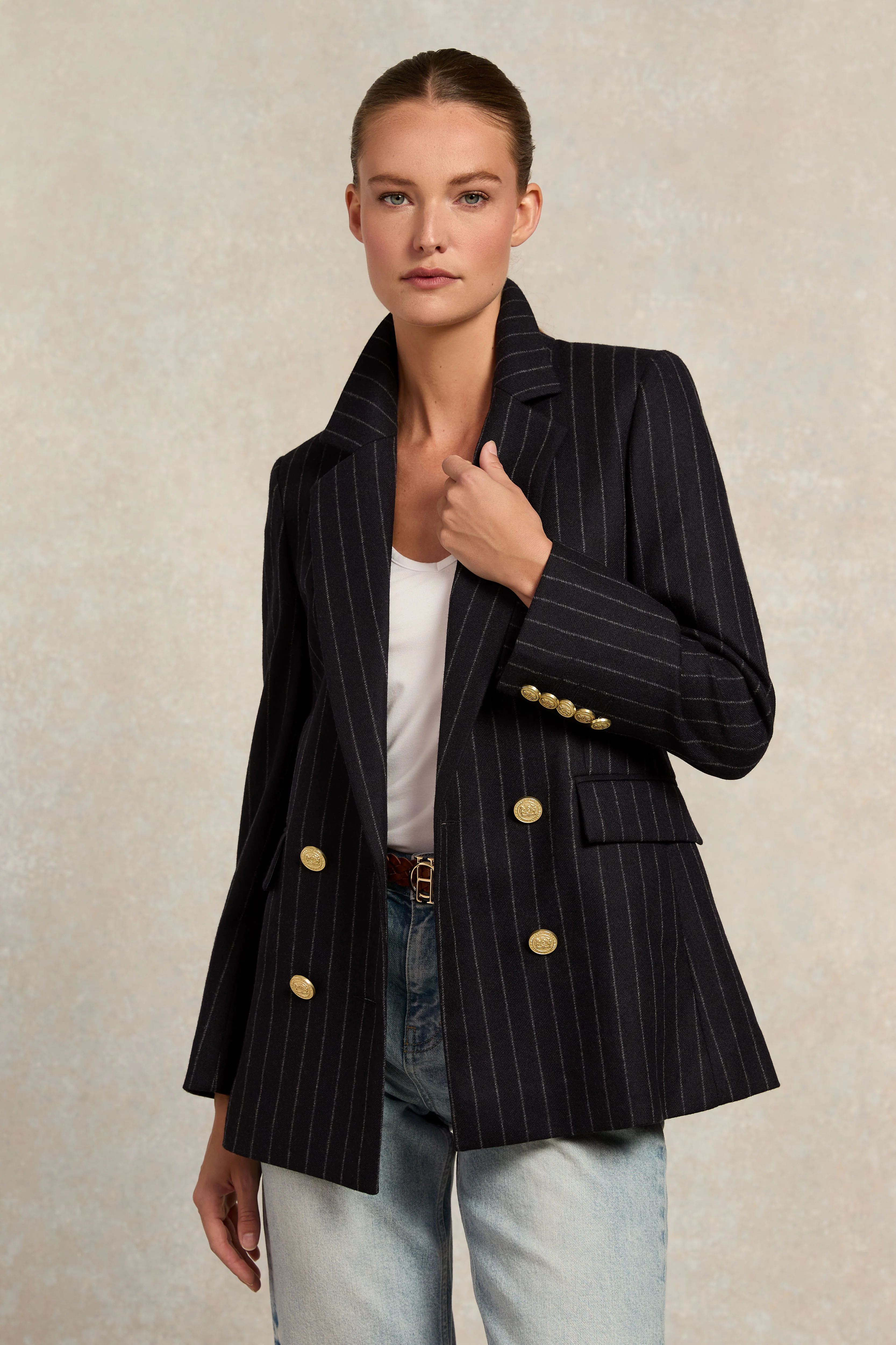 Double Breasted Blazer (Navy Chalk Pinstripe)