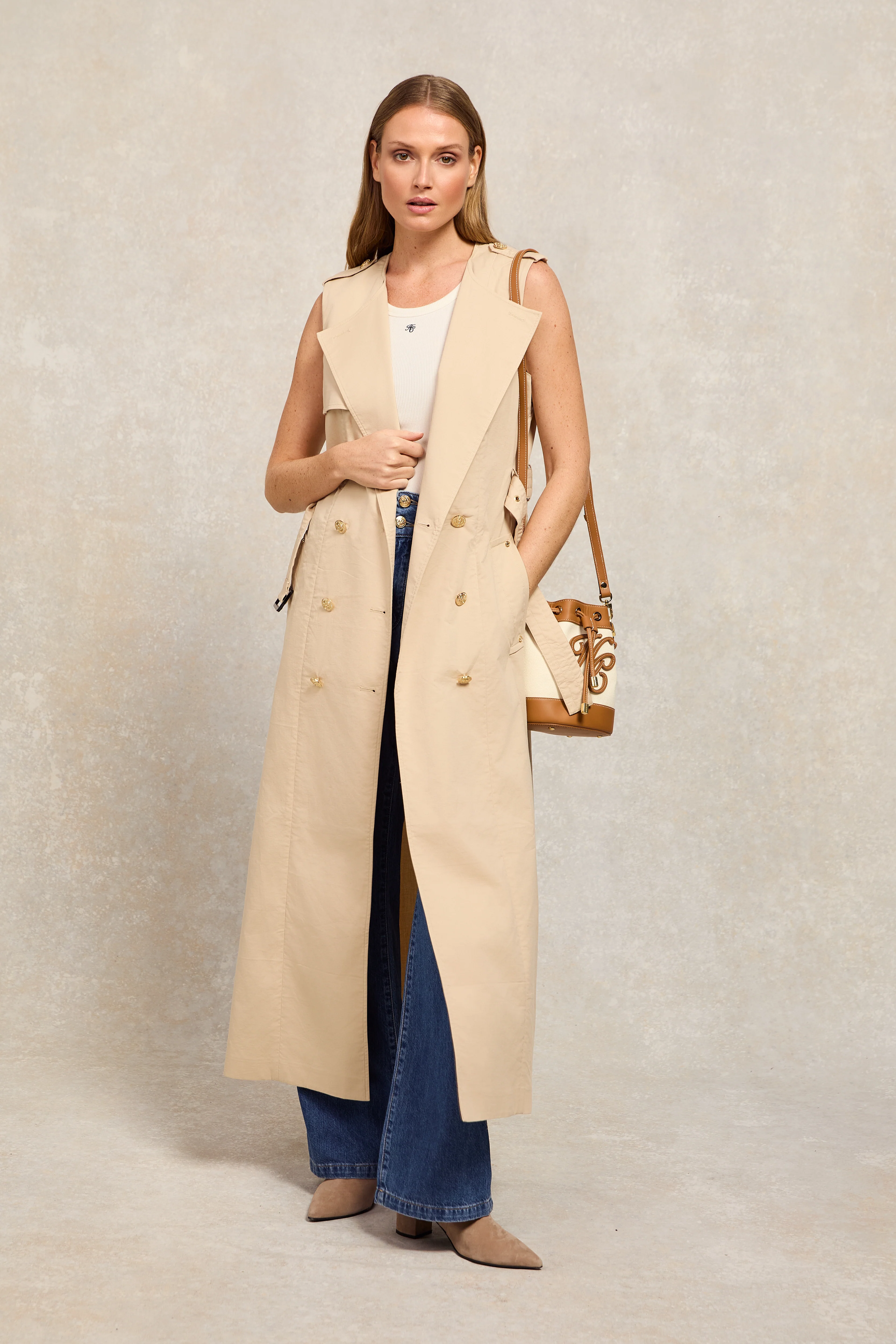 Collarless Trench Gilet (Stone)