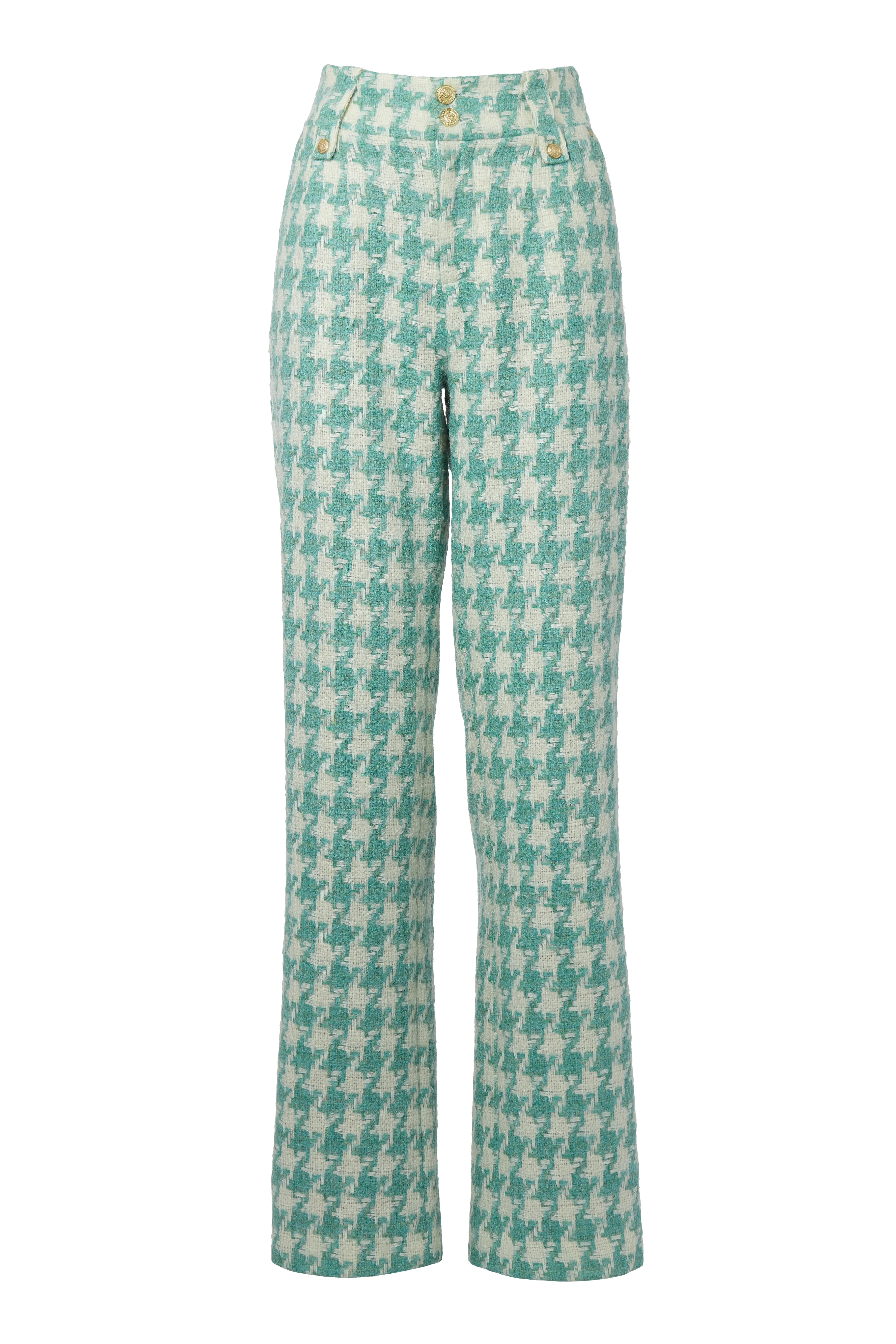 High Waisted Straight Trouser (Large Scale Teal Houndstooth)