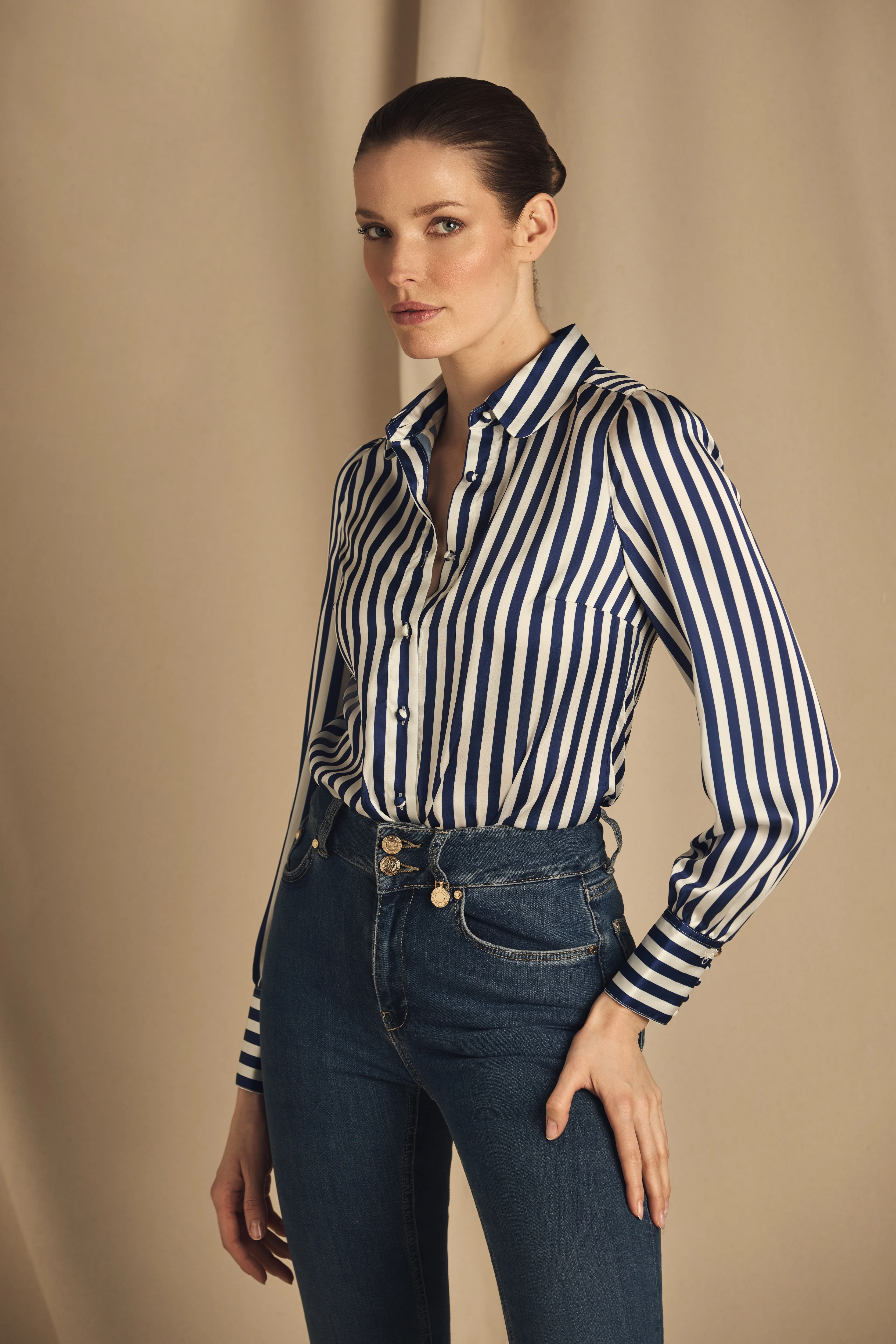 Isla Satin Shirt (Navy Stripe)