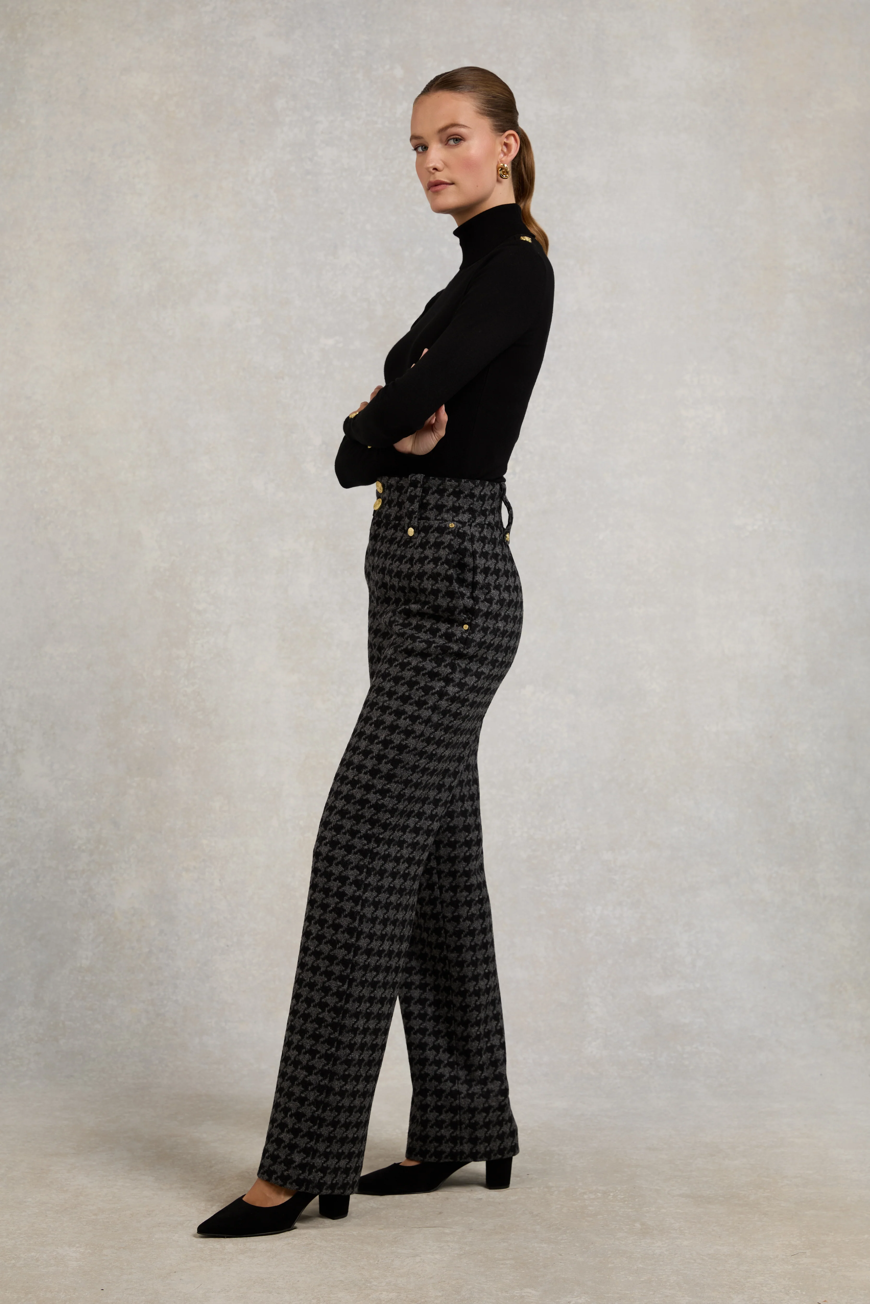High Waisted Straight Trouser (Large Scale Charcoal Houndstooth)