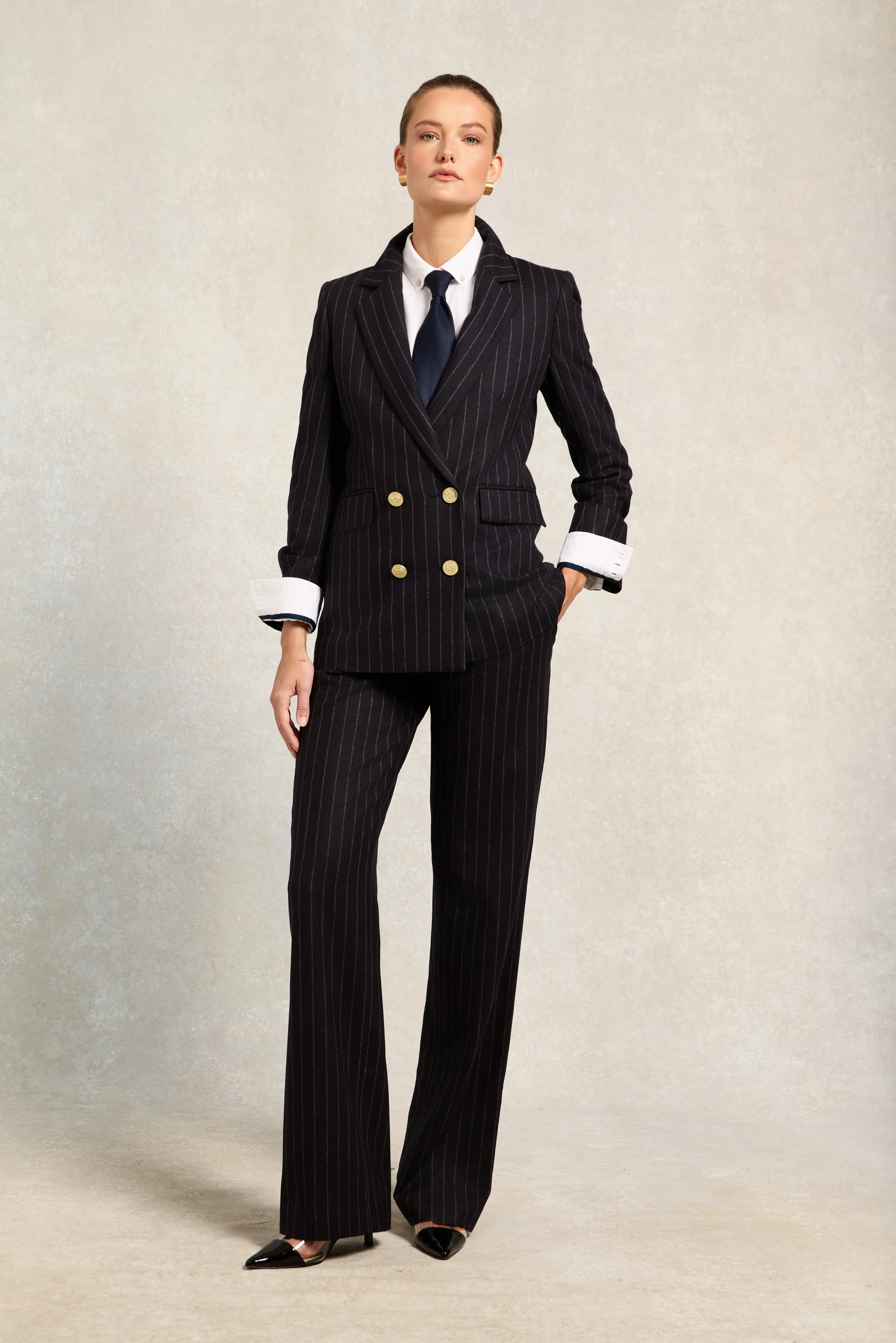 Double Breasted Blazer (Navy Chalk Pinstripe)