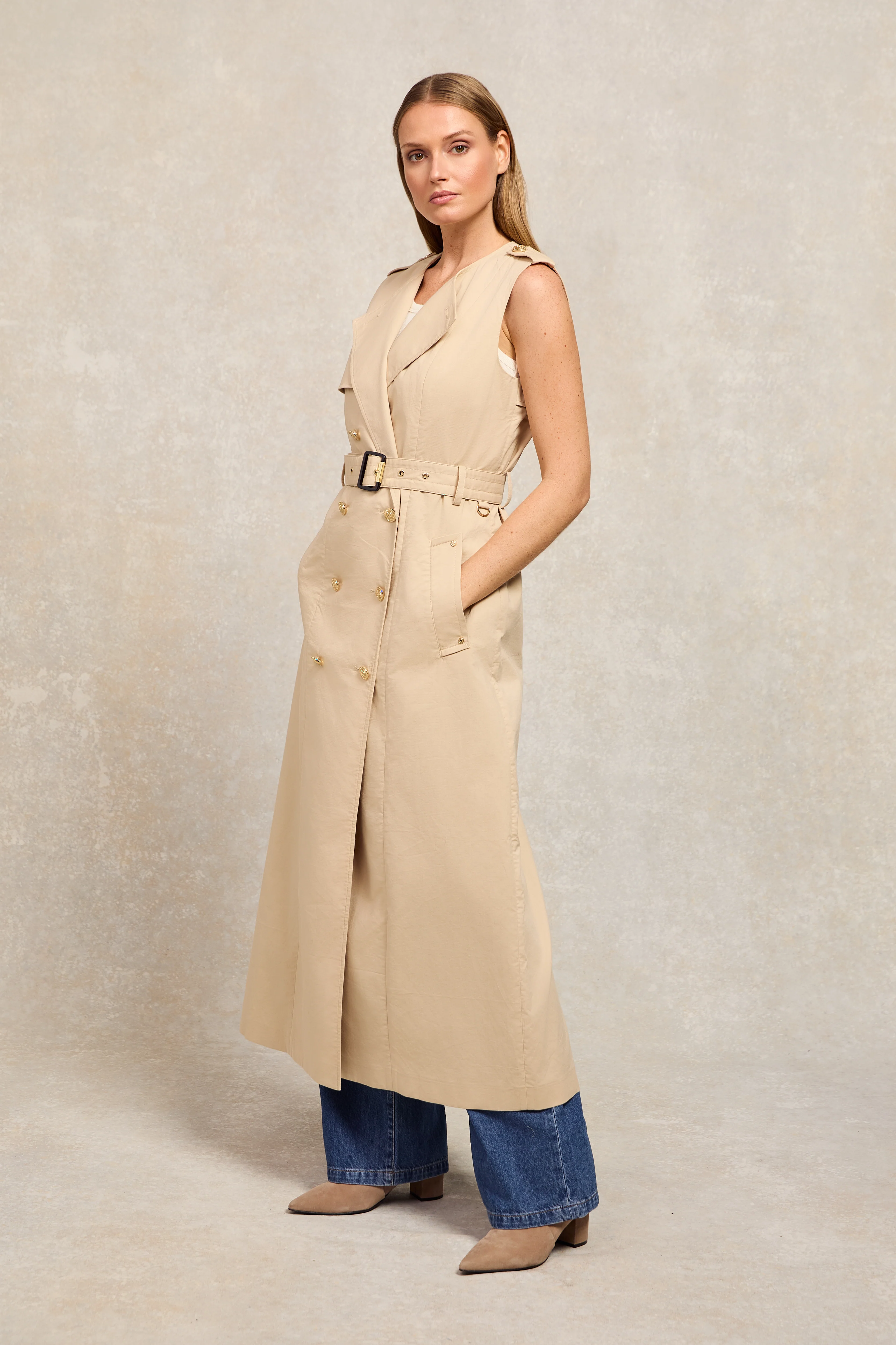 Collarless Trench Gilet (Stone)
