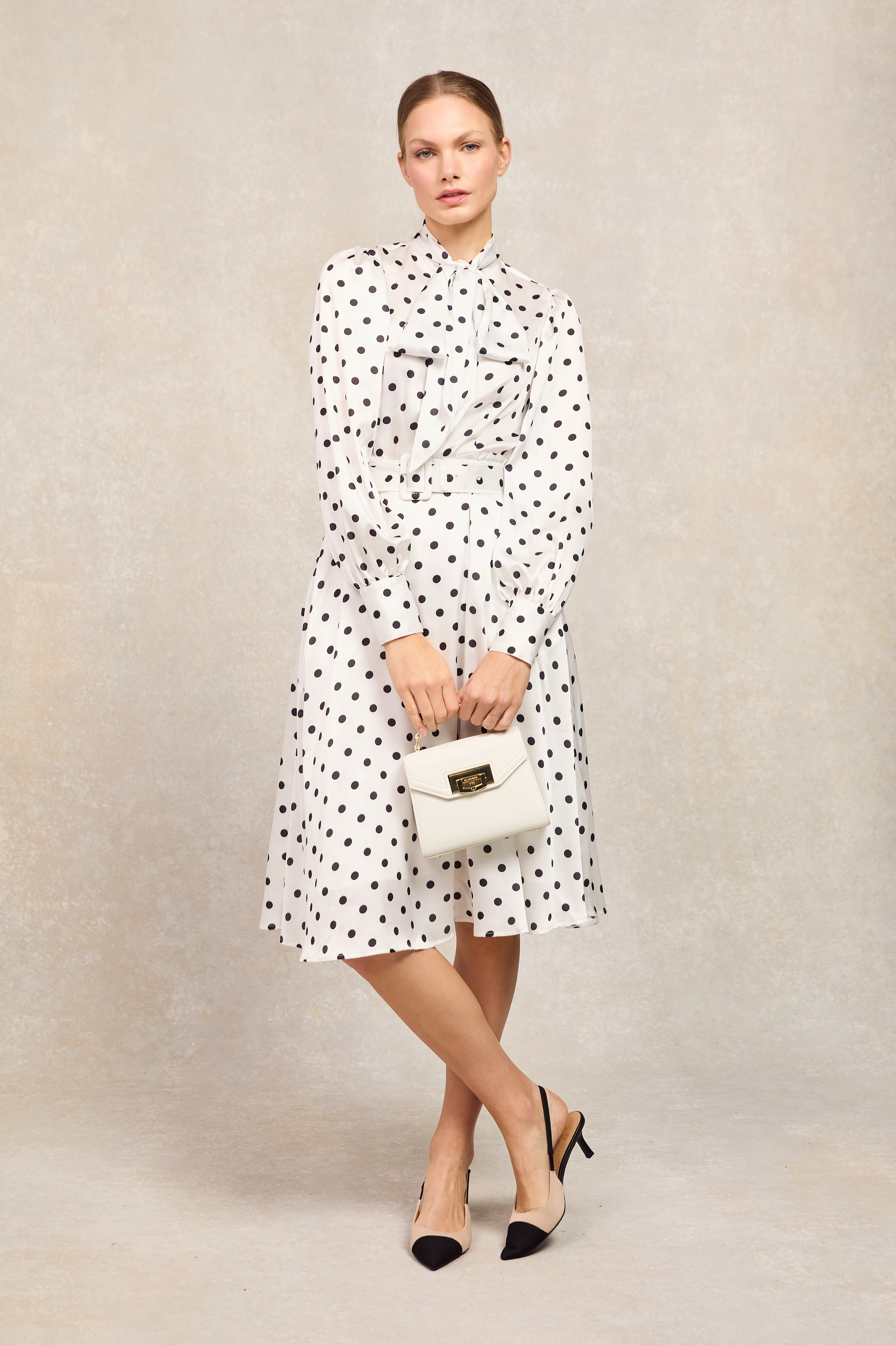 Ariella Midi Dress (White Black Polka Dot)