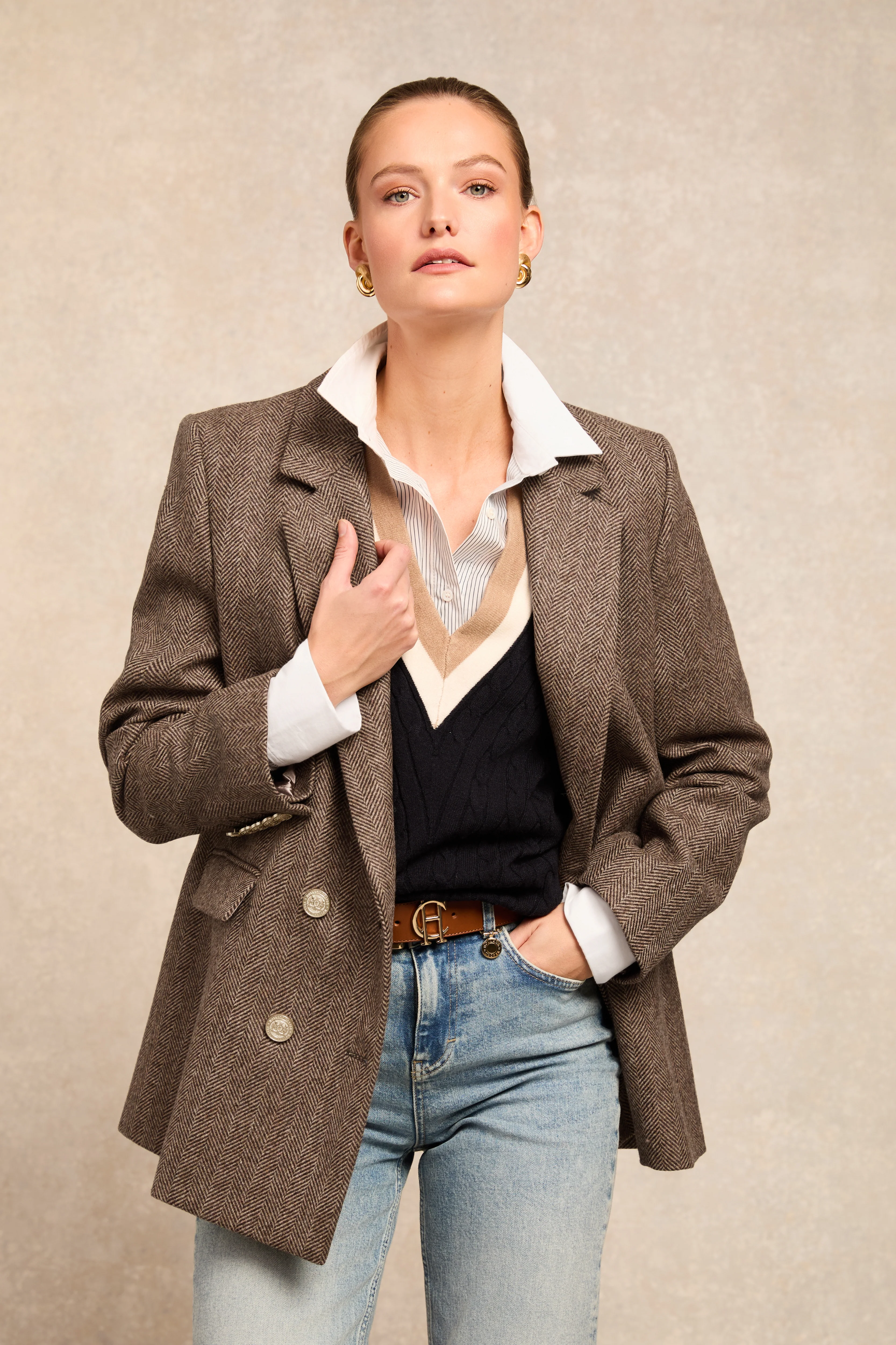 Double Breasted Blazer (Large Scale Brown Herringbone)