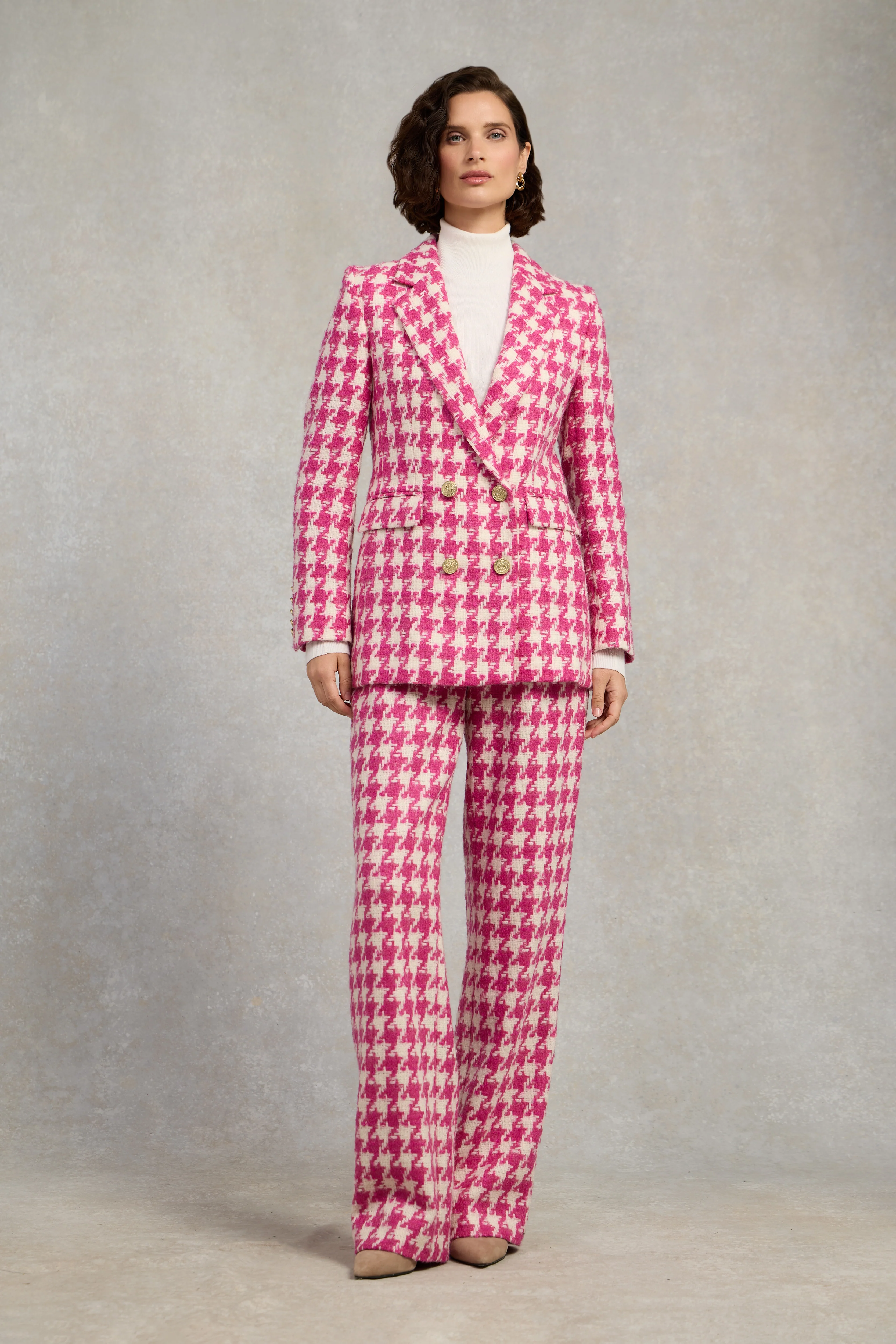 High Waisted Straight Trouser (Hot Pink Large Scale Houndstooth)