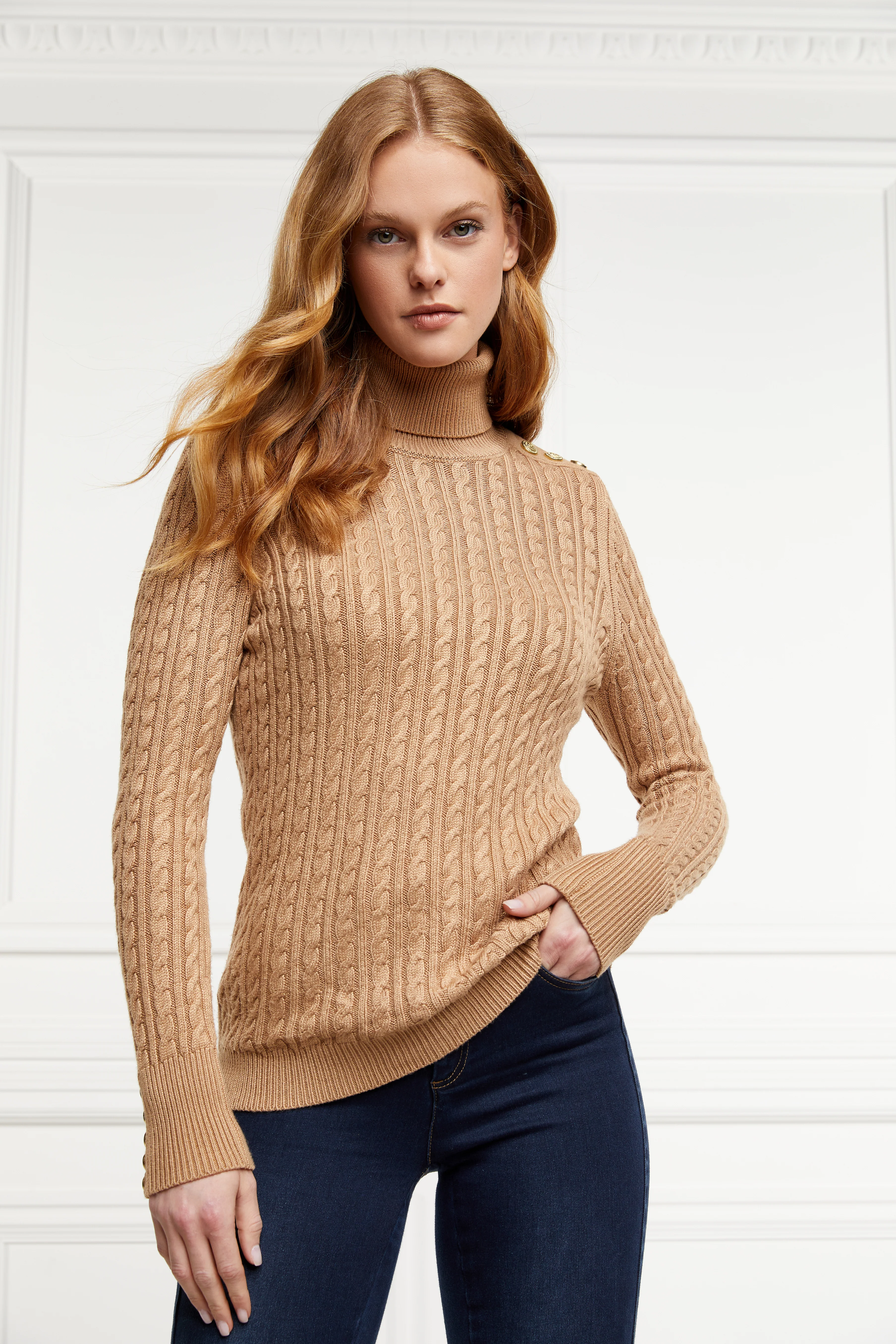 Seattle Roll Neck Cable Knit (Dark Camel Marl)