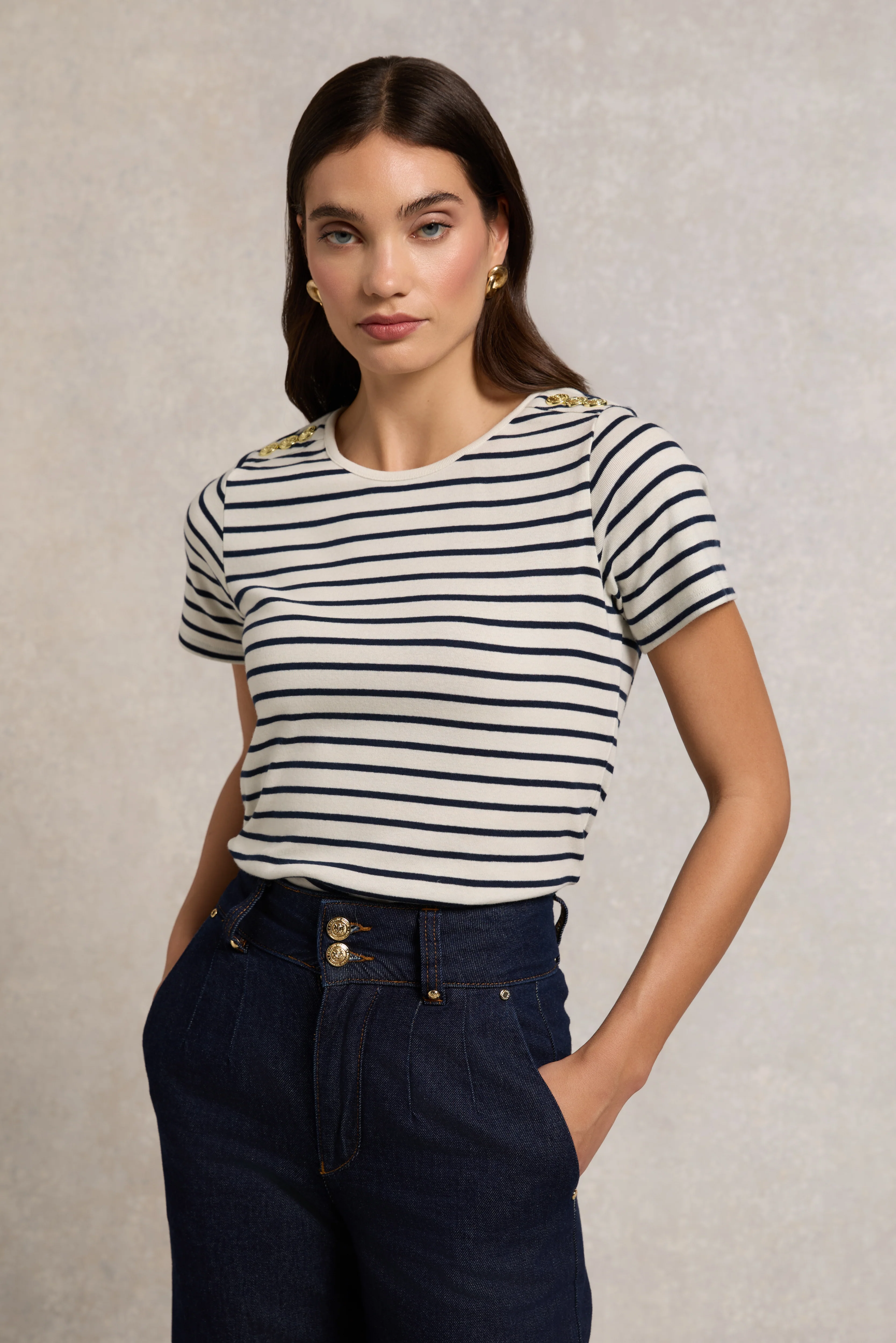 Padstow Crew Neck Tee (Natural Ink Navy Stripe)