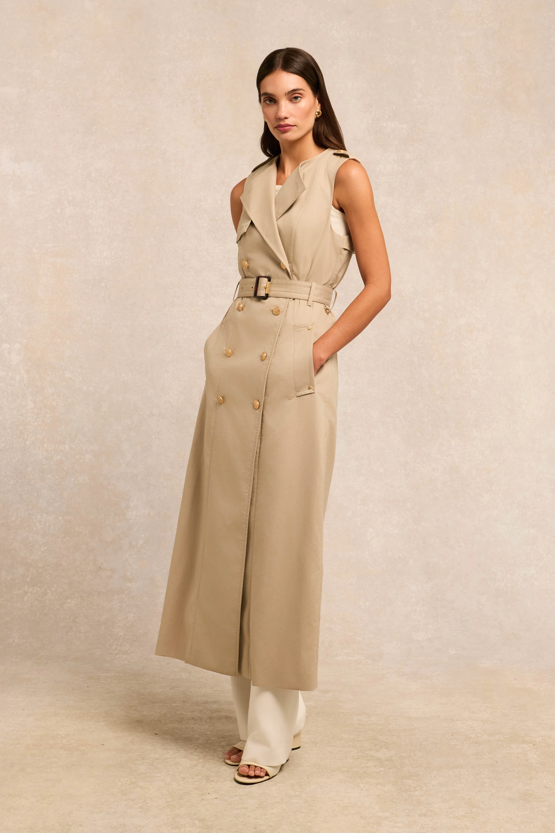 Collarless Trench Gilet (French Grey)