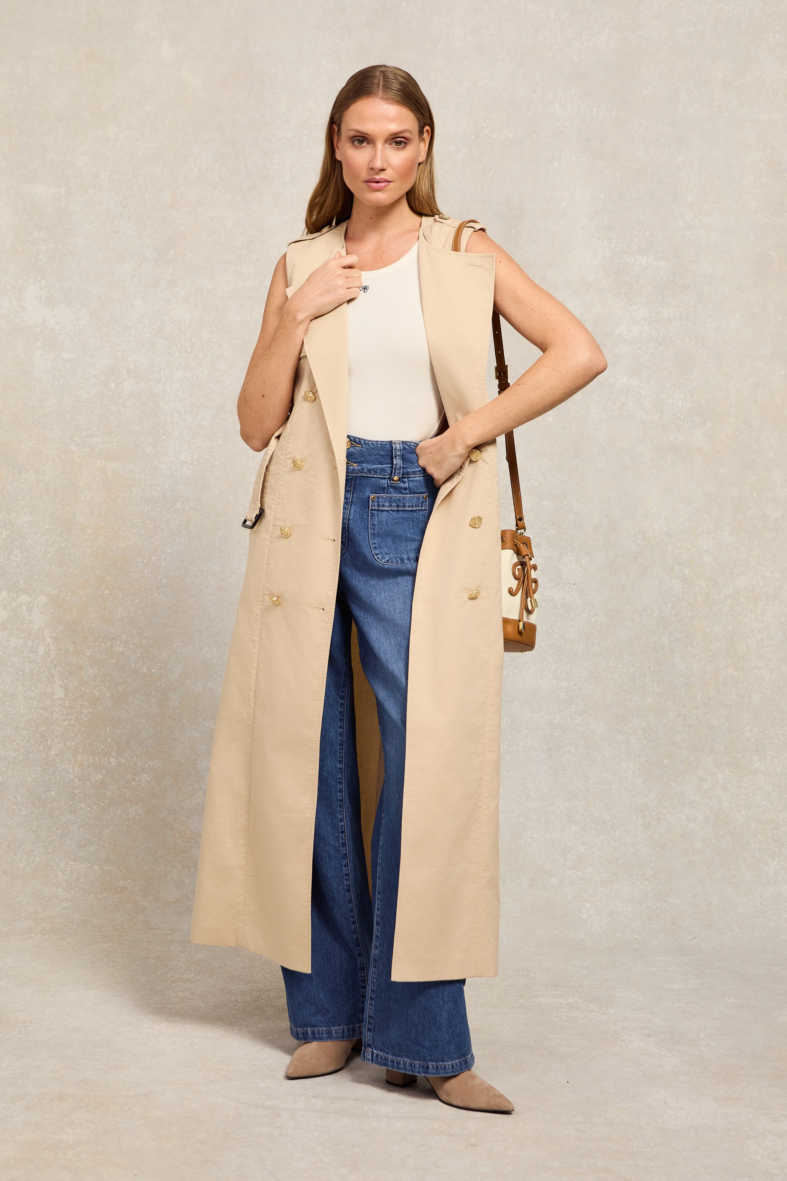 Collarless Trench Gilet (Stone)