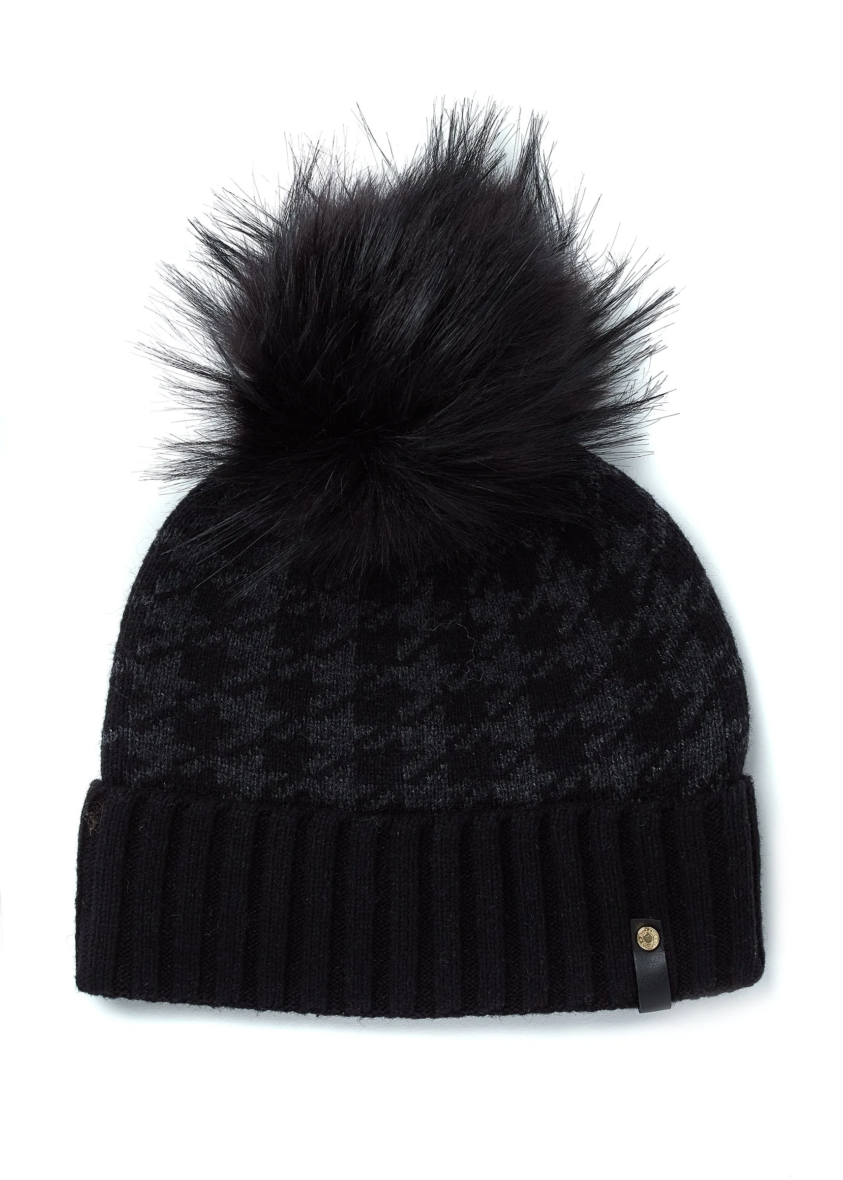 Knitted Bobble Hat (Grey Houndstooth)