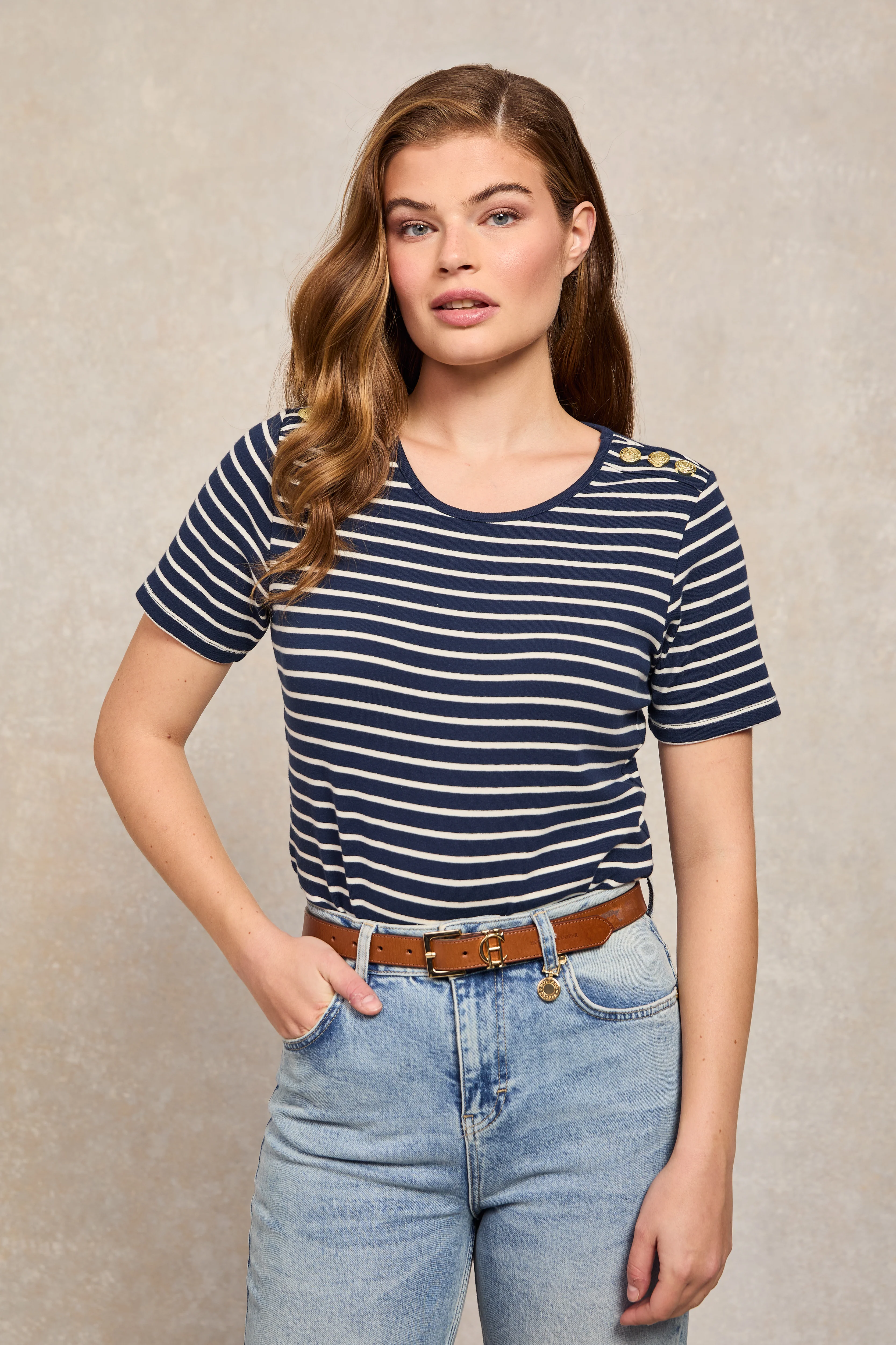 Padstow Crew Neck Tee (Ink Navy Natural Stripe)