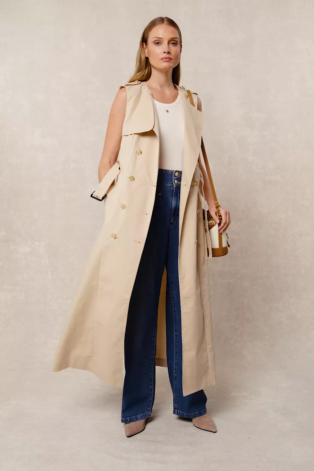 Collarless Trench Gilet (Stone)