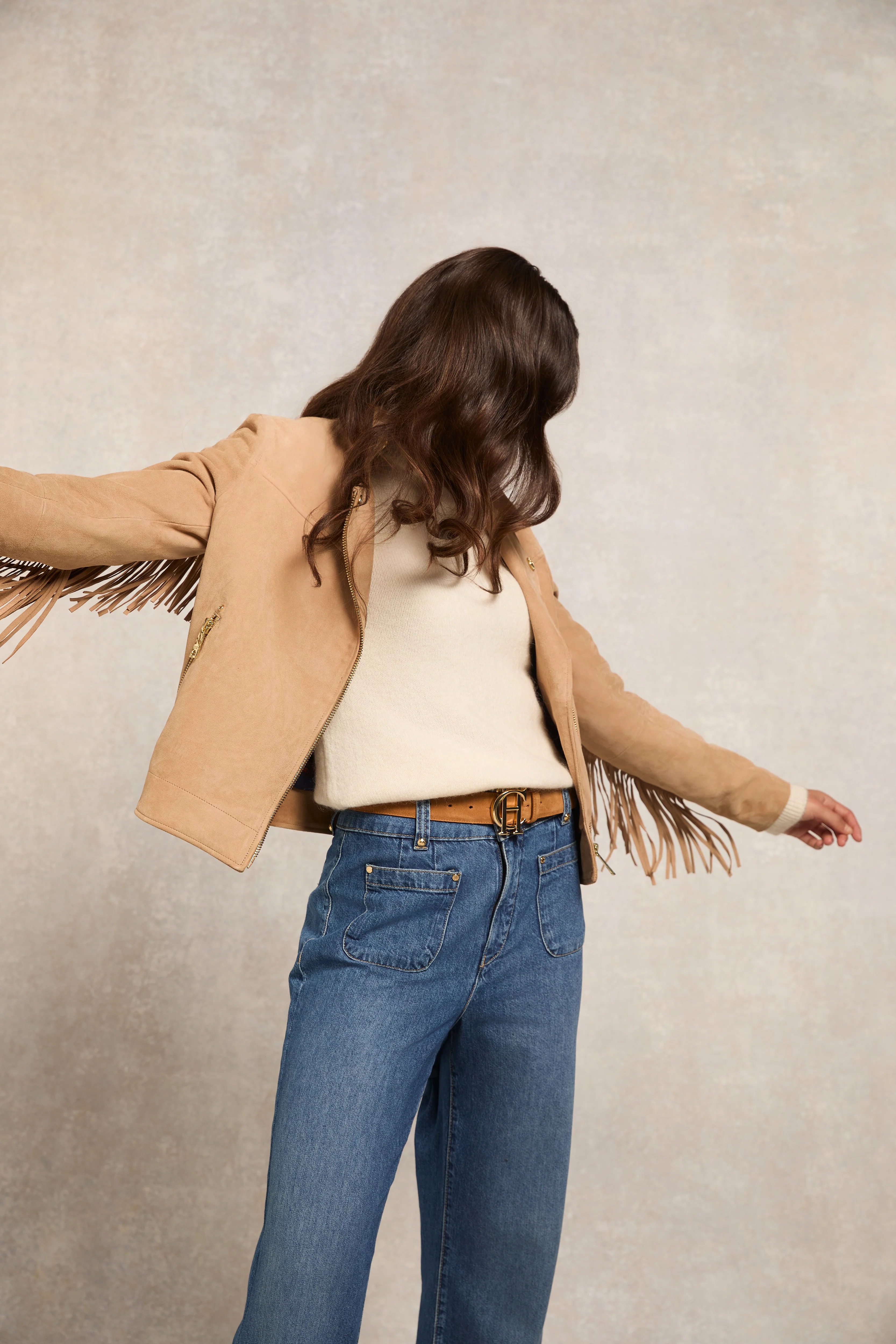 Fringed Suede Biker Jacket (Camel)