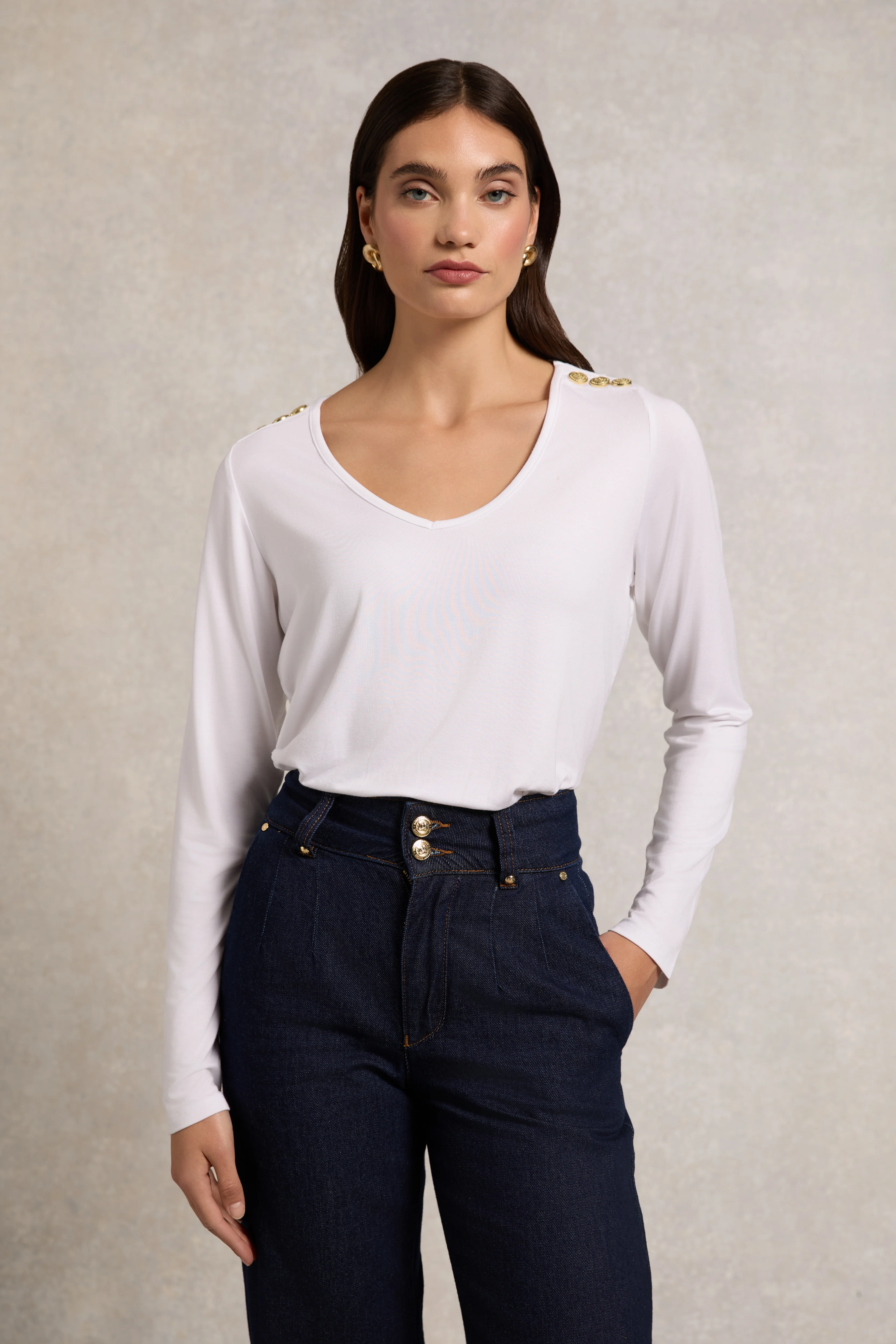 Long Sleeve V-Neck Tee (White)