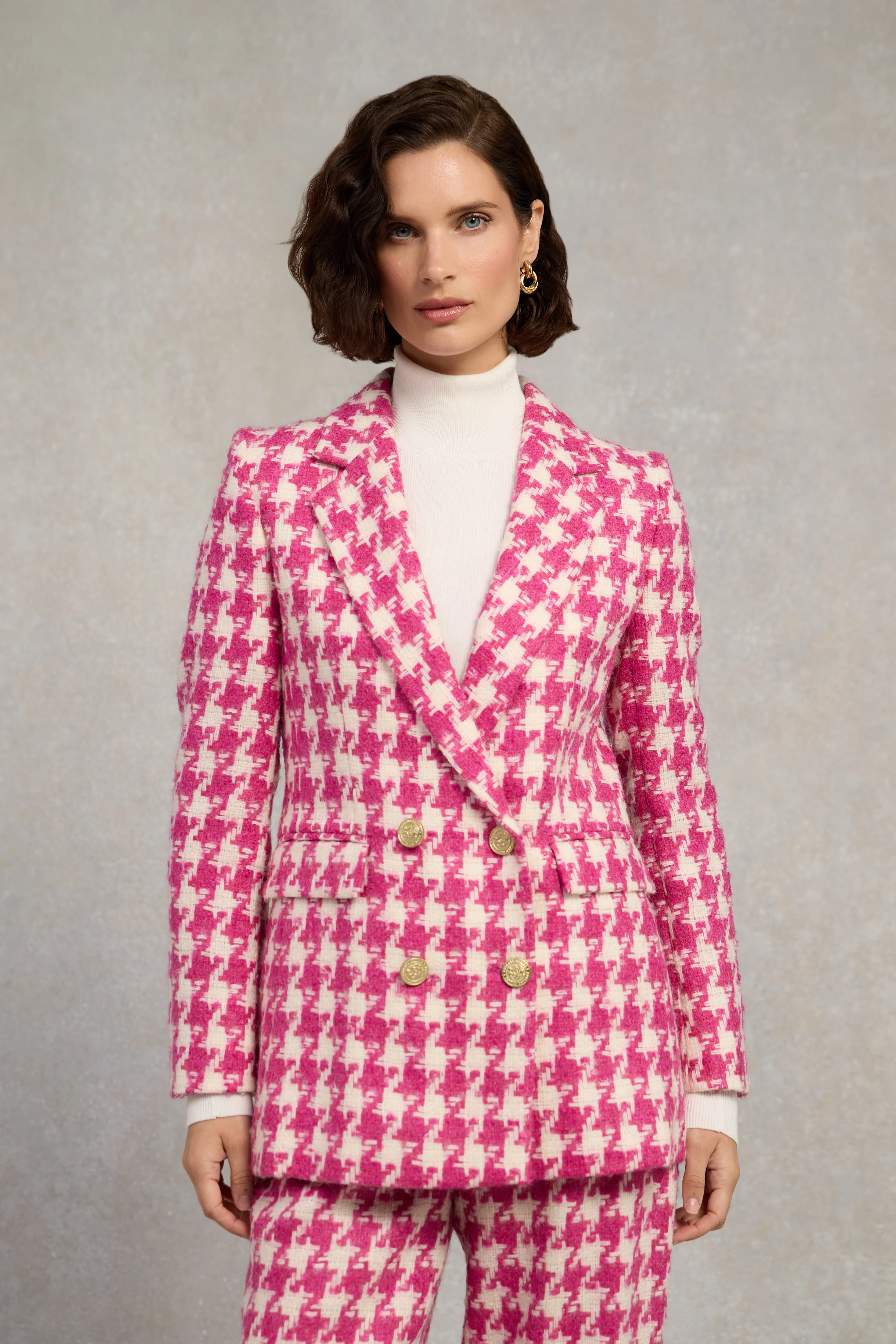 Double Breasted Blazer (Hot Pink Large Scale Houndstooth)