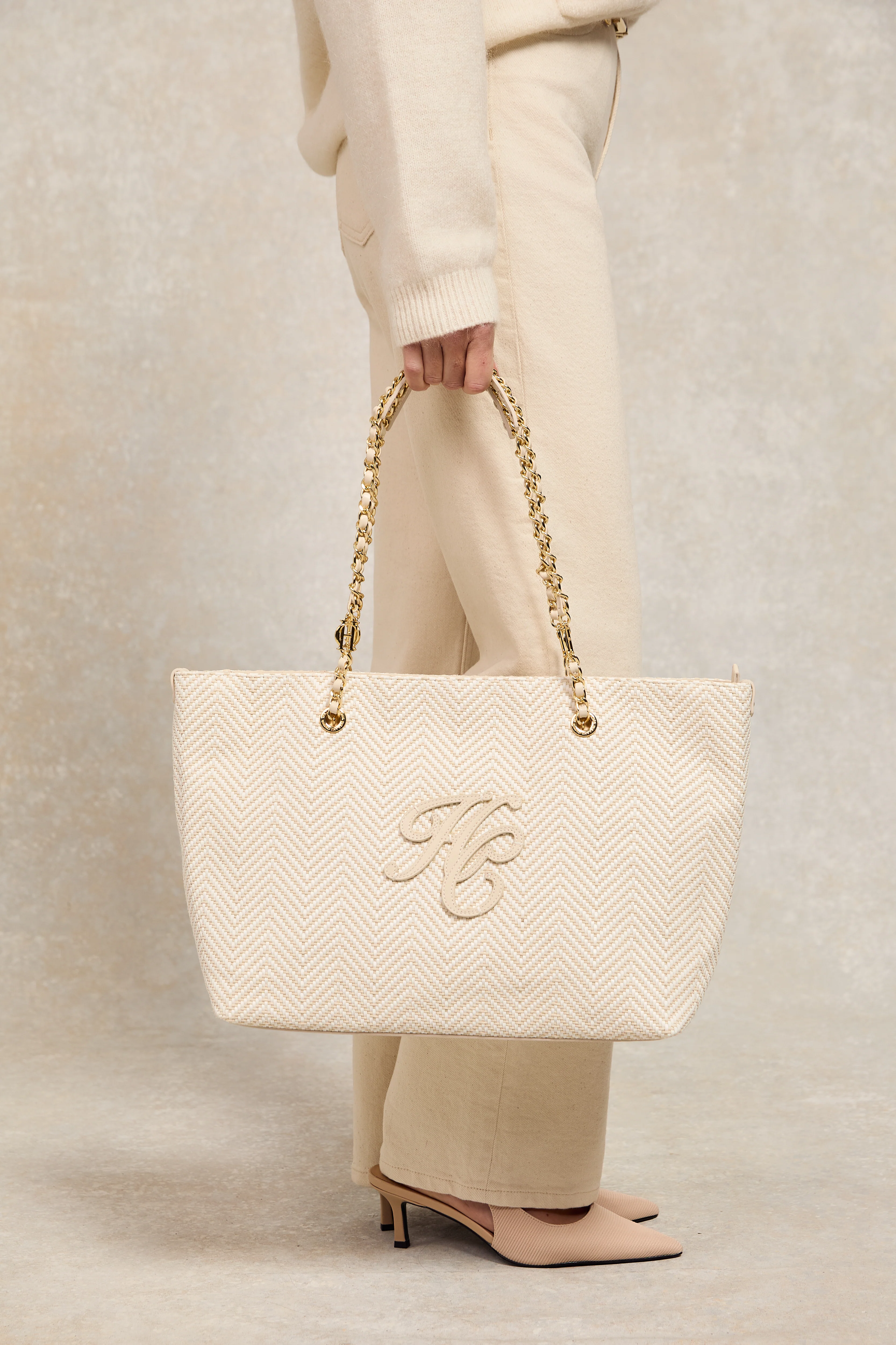 Amalfi Straw Tote (Cream Herringbone)