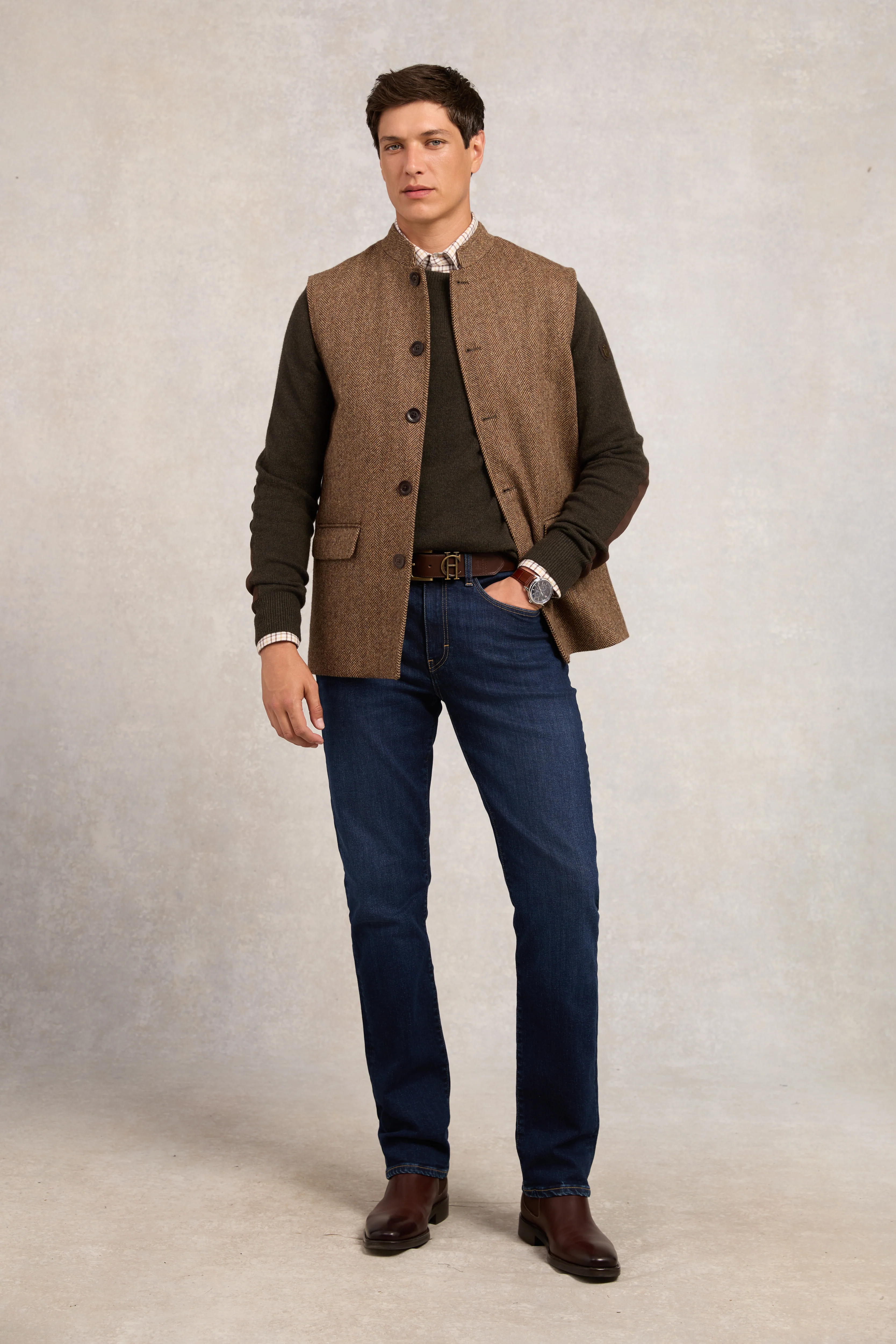 Nehru Gilet (Large Scale Brown Herringbone)