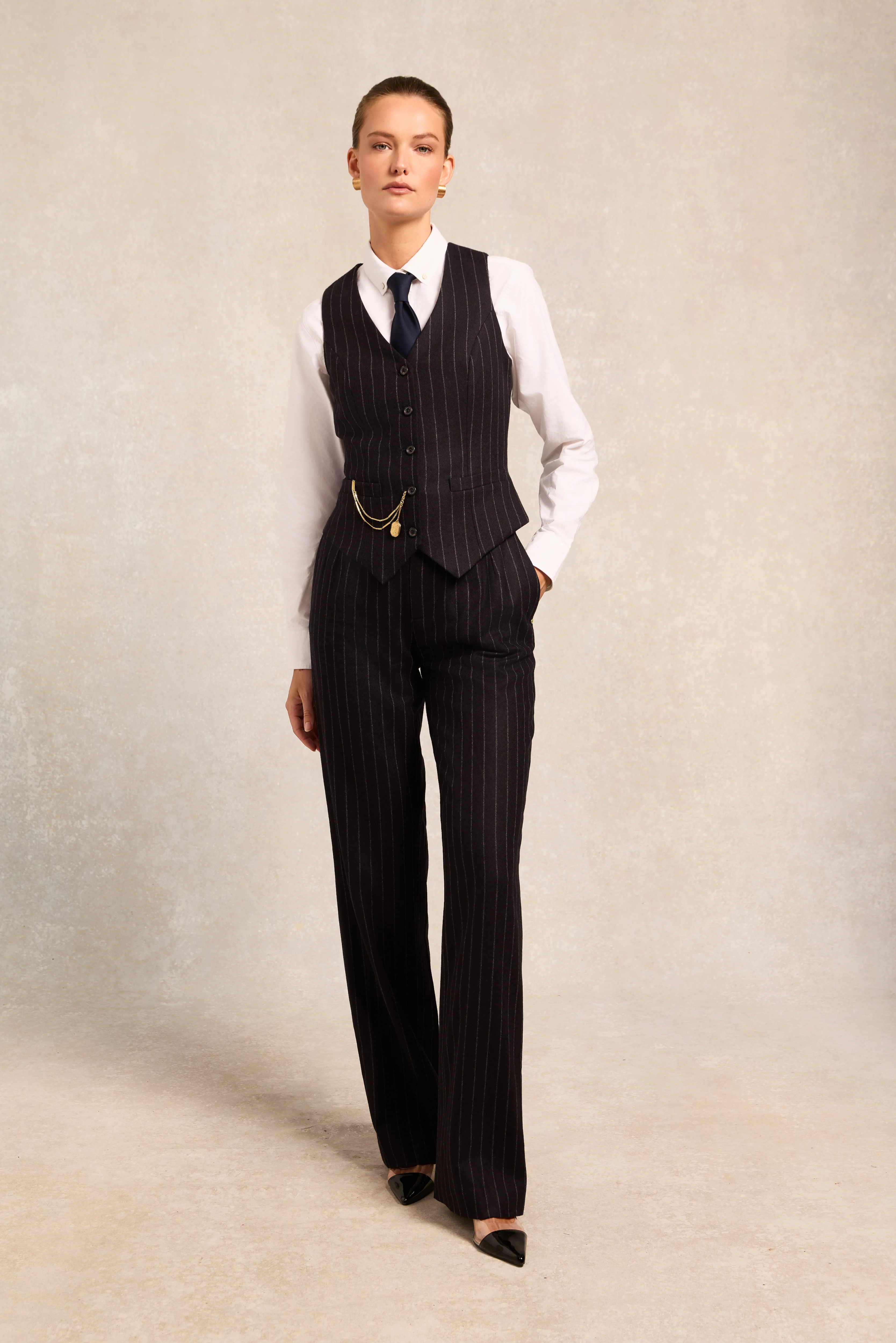 High Waisted Straight Trouser (Navy Chalk Pinstripe)