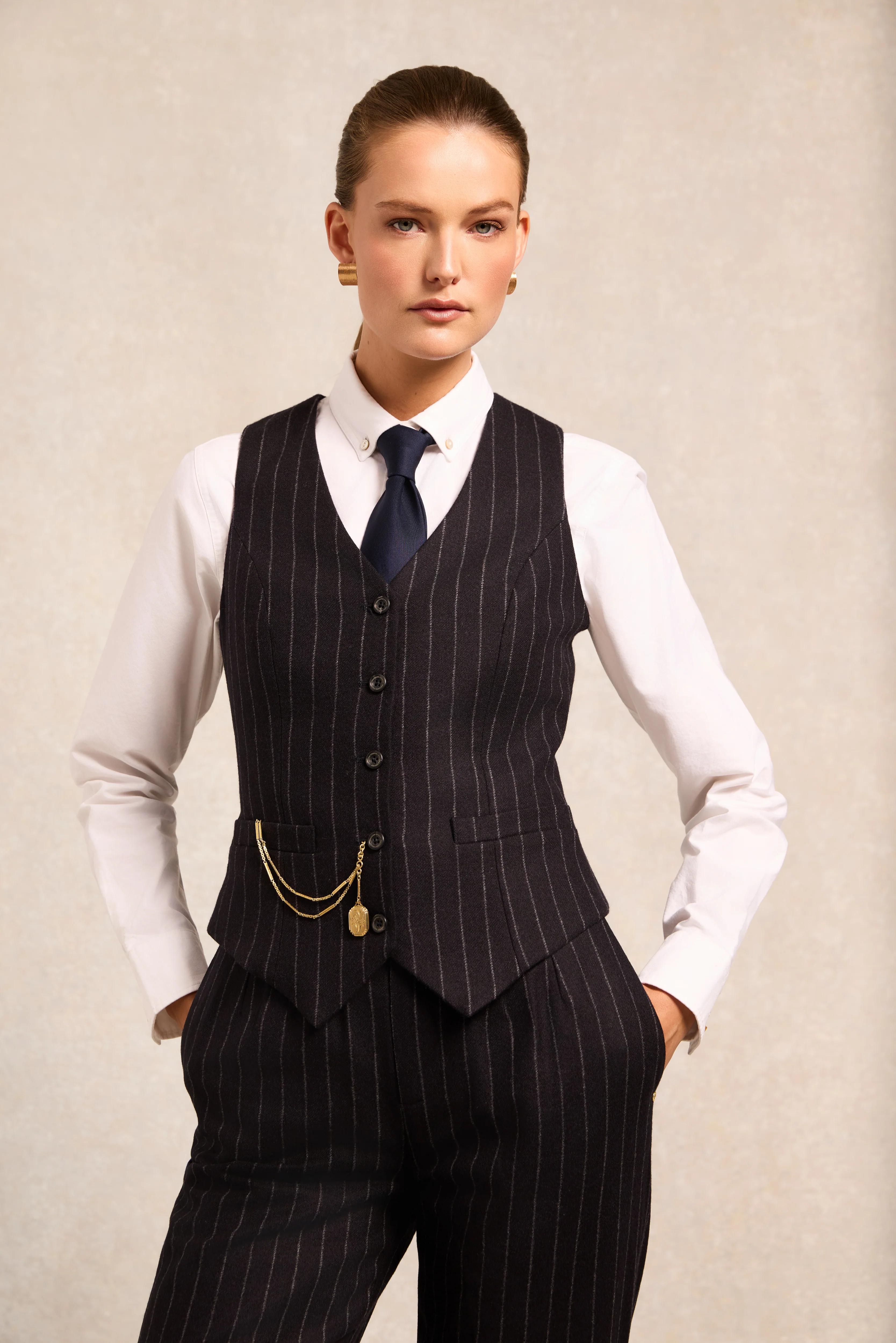 High Waisted Straight Trouser (Navy Chalk Pinstripe)