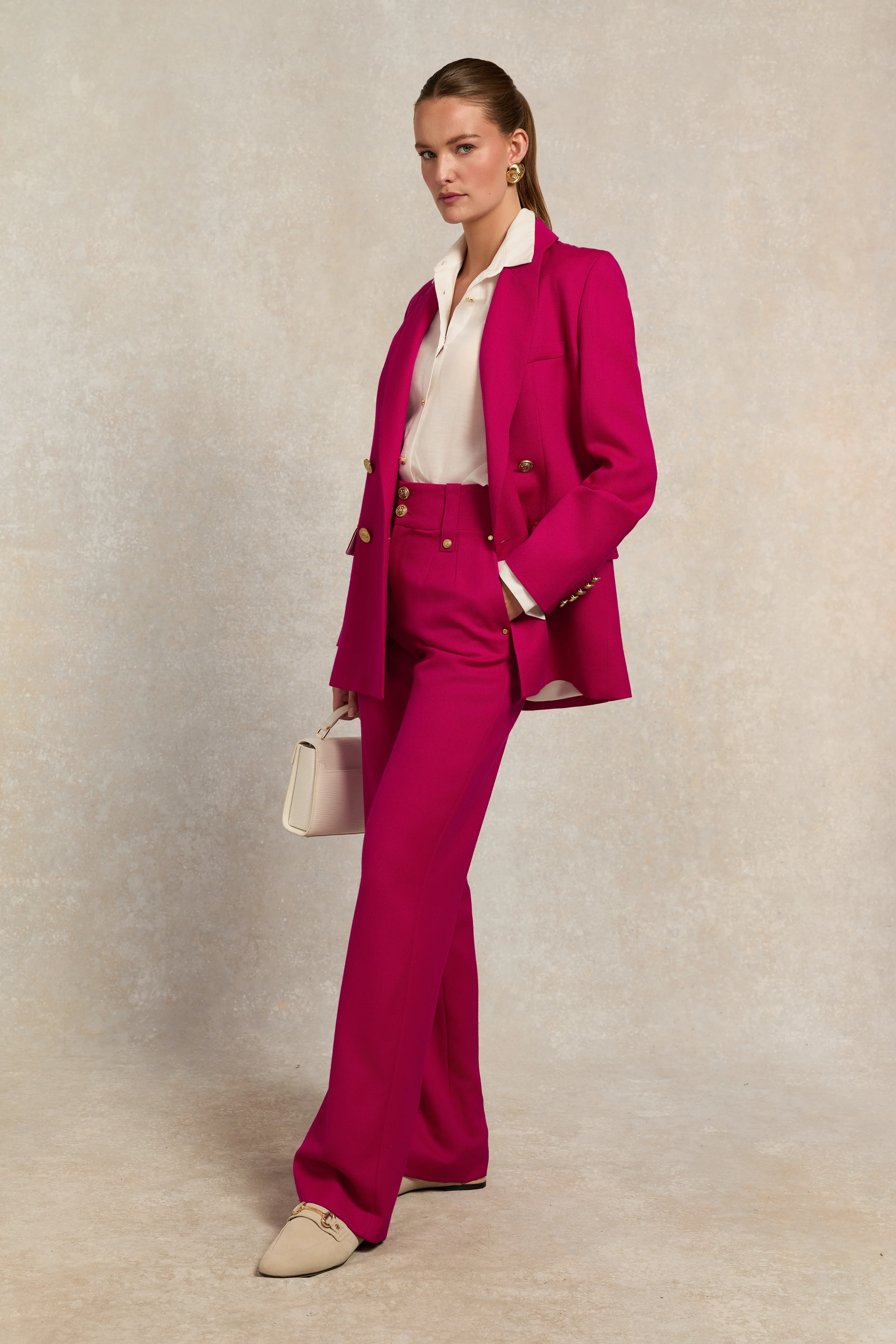 High Waisted Straight Trouser (Hot Pink Barathea)