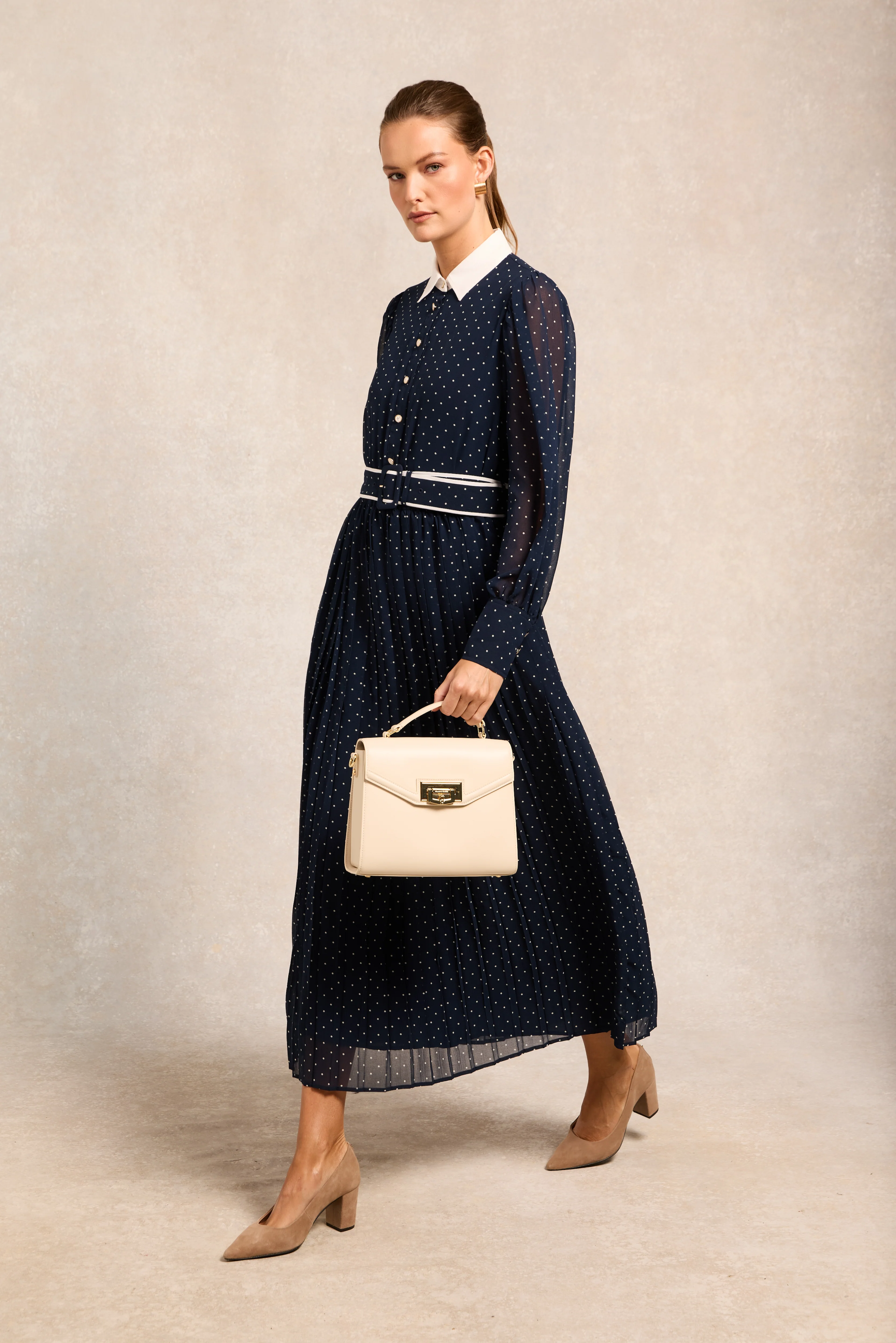 Annabel Pleated Maxi Dress (Ink Navy Polka Dot)