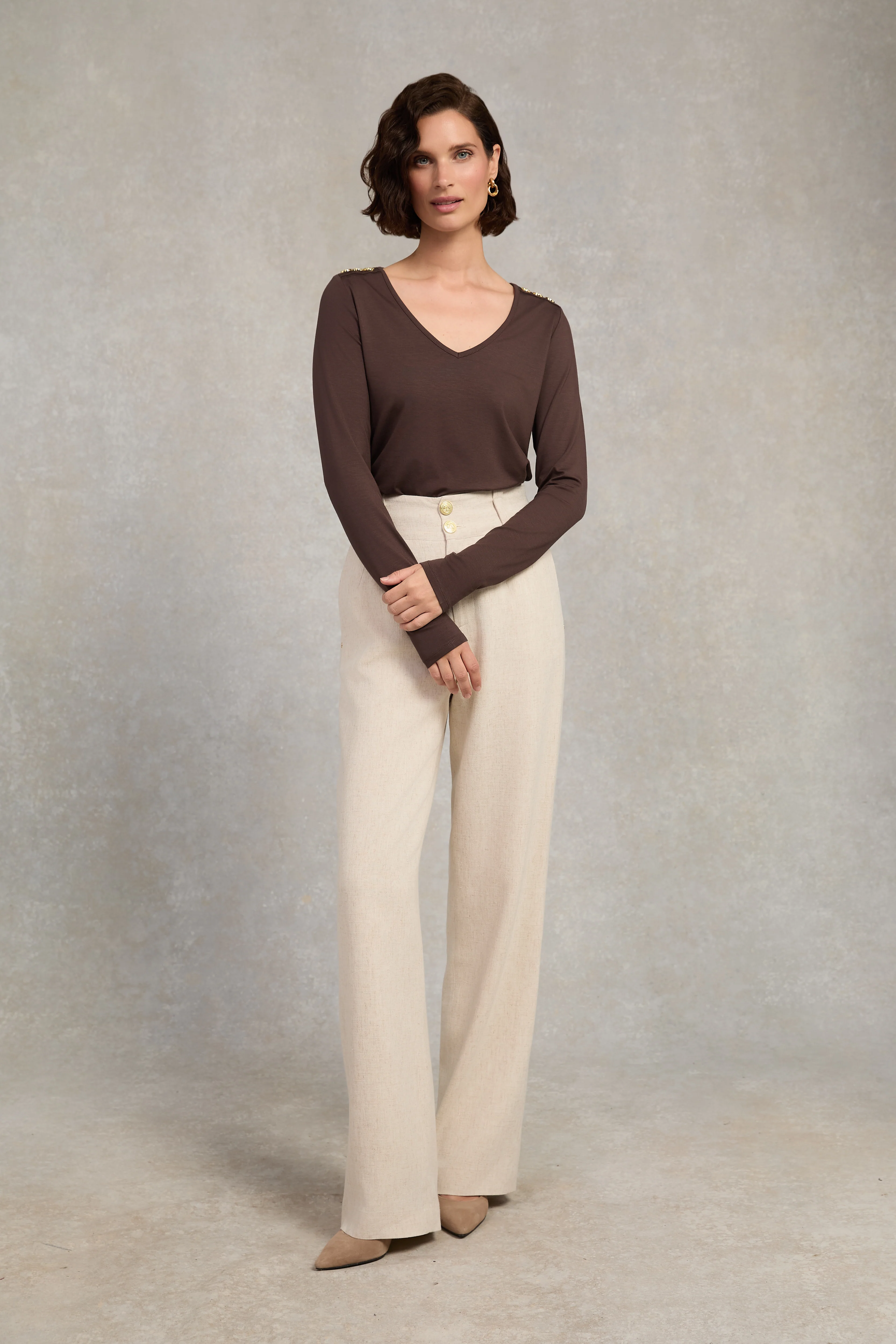 Long Sleeve V-Neck Tee (Coffee)