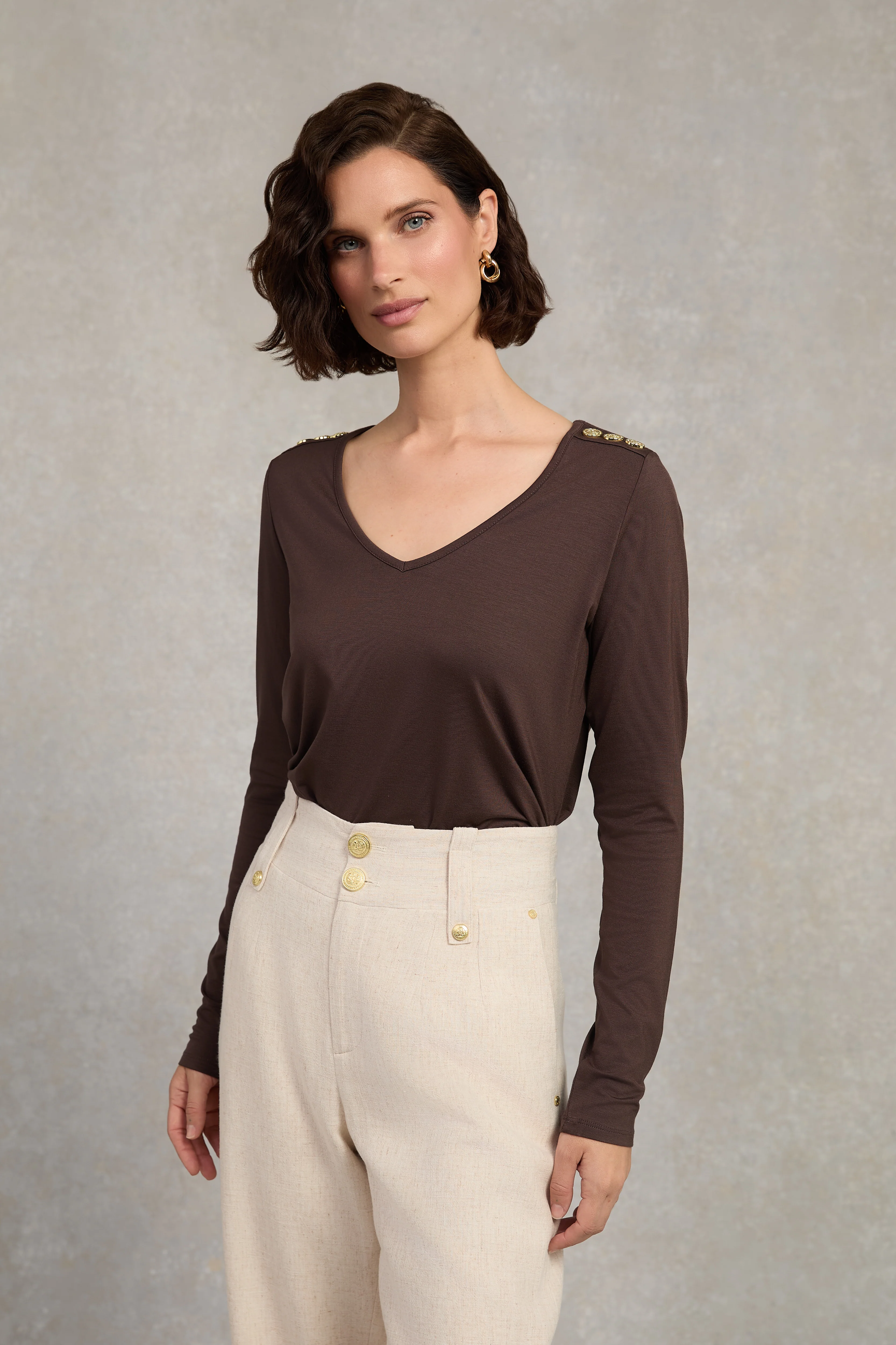 Long Sleeve V-Neck Tee (Coffee)