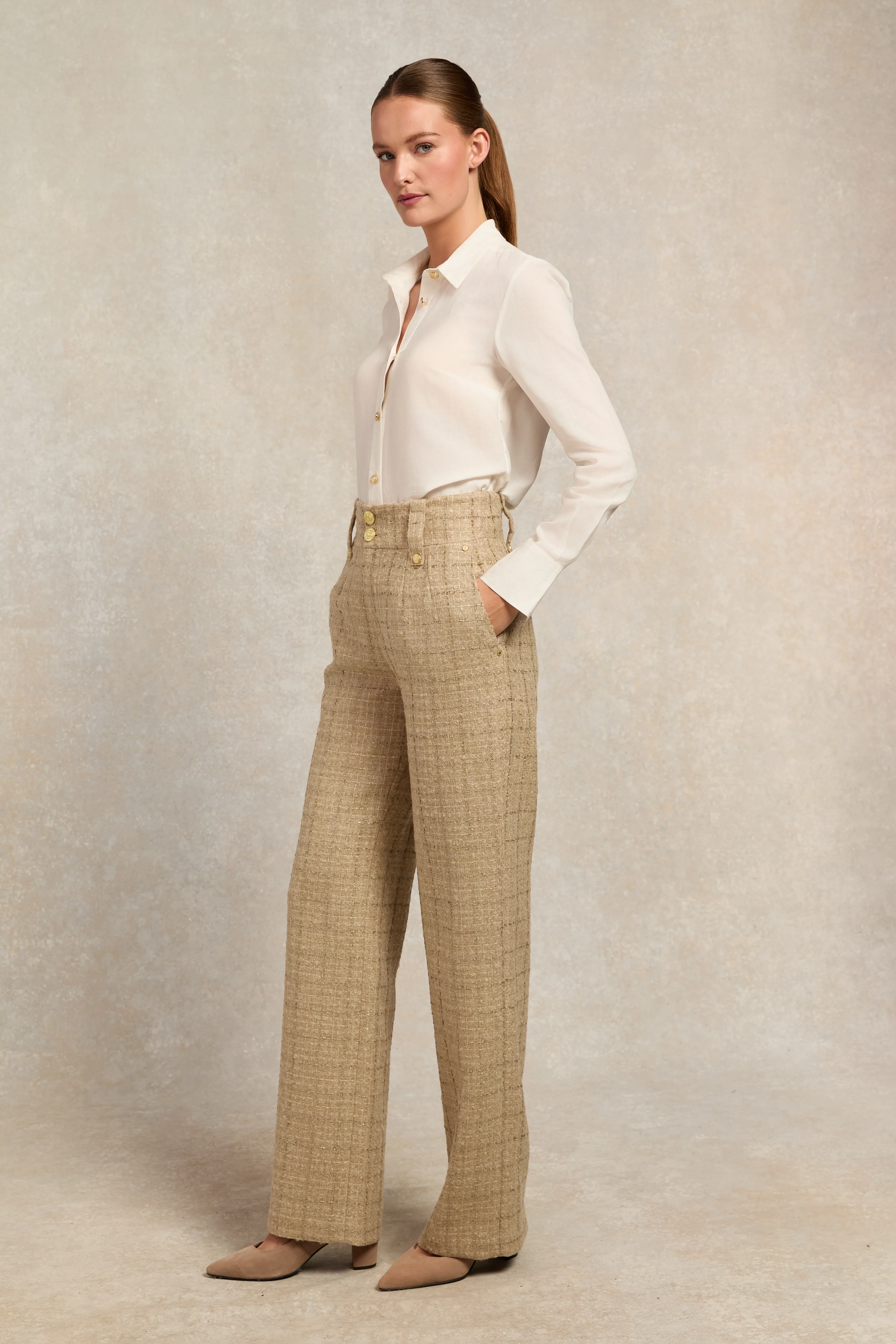 High Waisted Straight Trouser (Camel Sparkle Tweed)