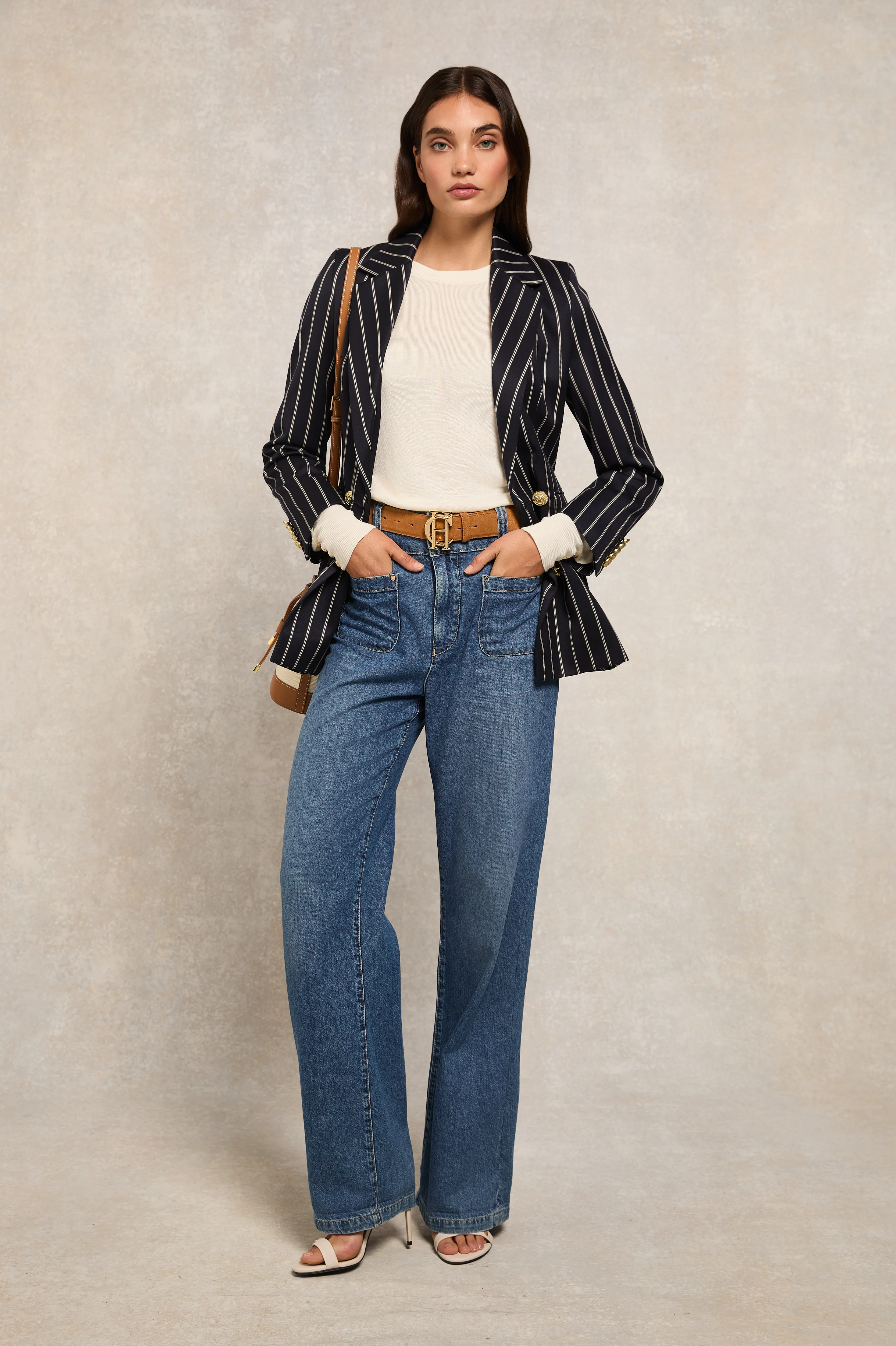 Double Breasted Blazer (Ink Navy Wide Stripe)