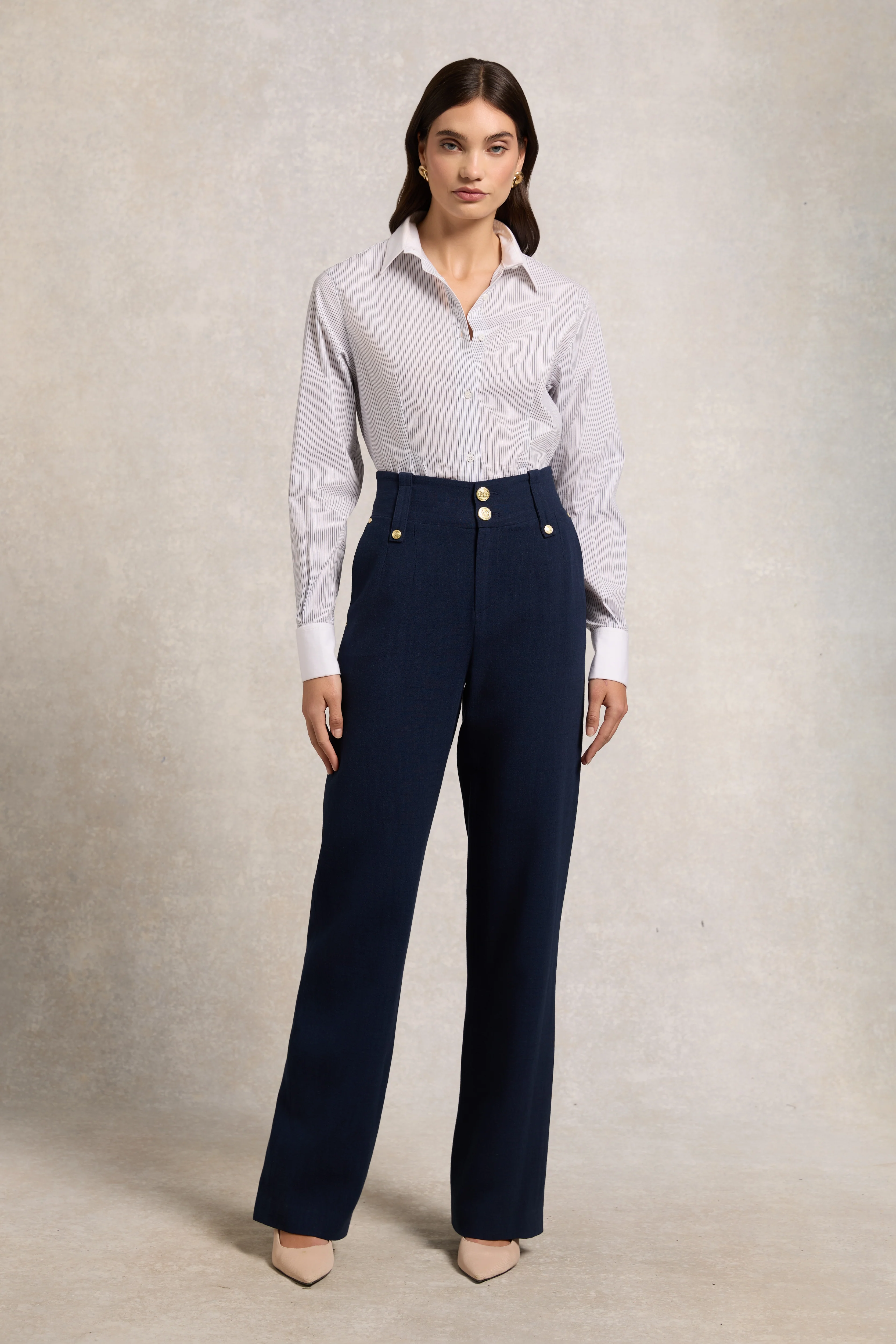 High Waisted Straight Trouser (Navy Linen)
