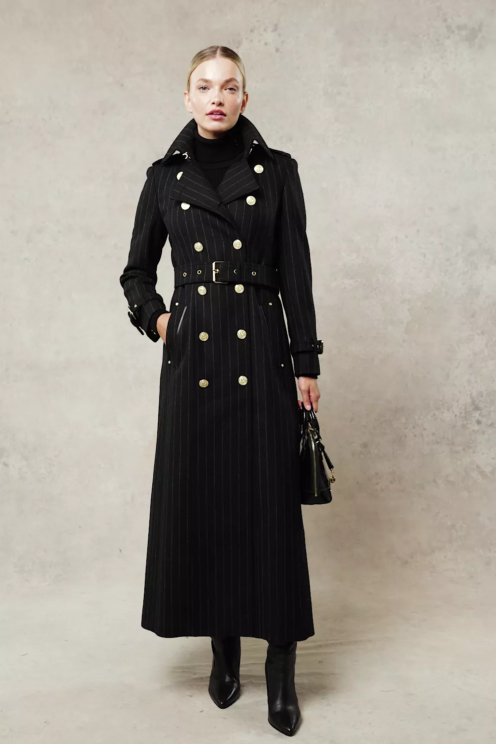 Full Length Marlborough Trench Coat (Black Pinstripe)