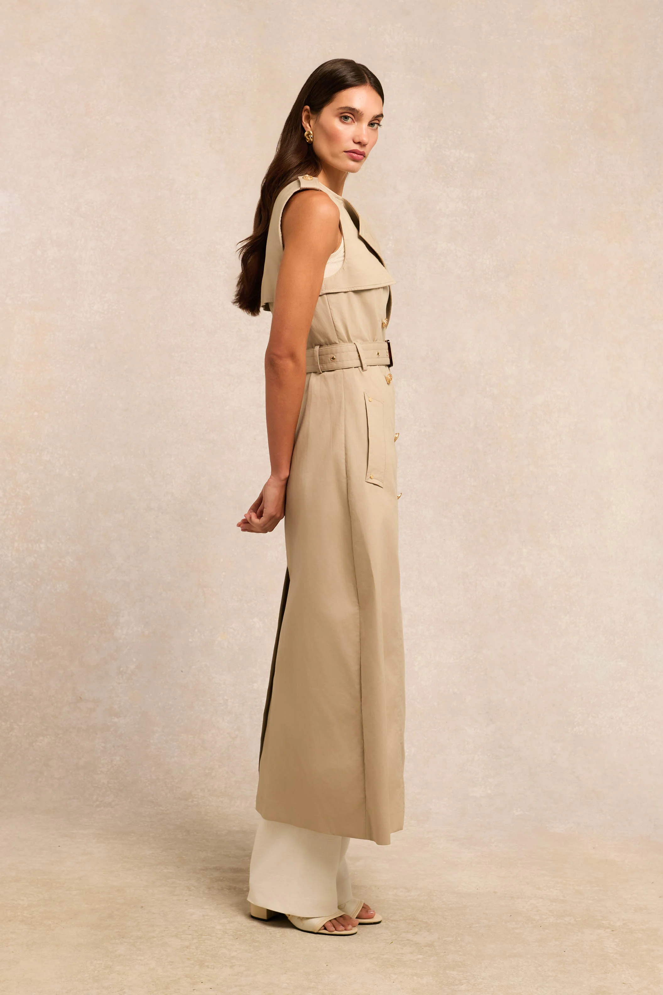 Collarless Trench Gilet (French Grey)