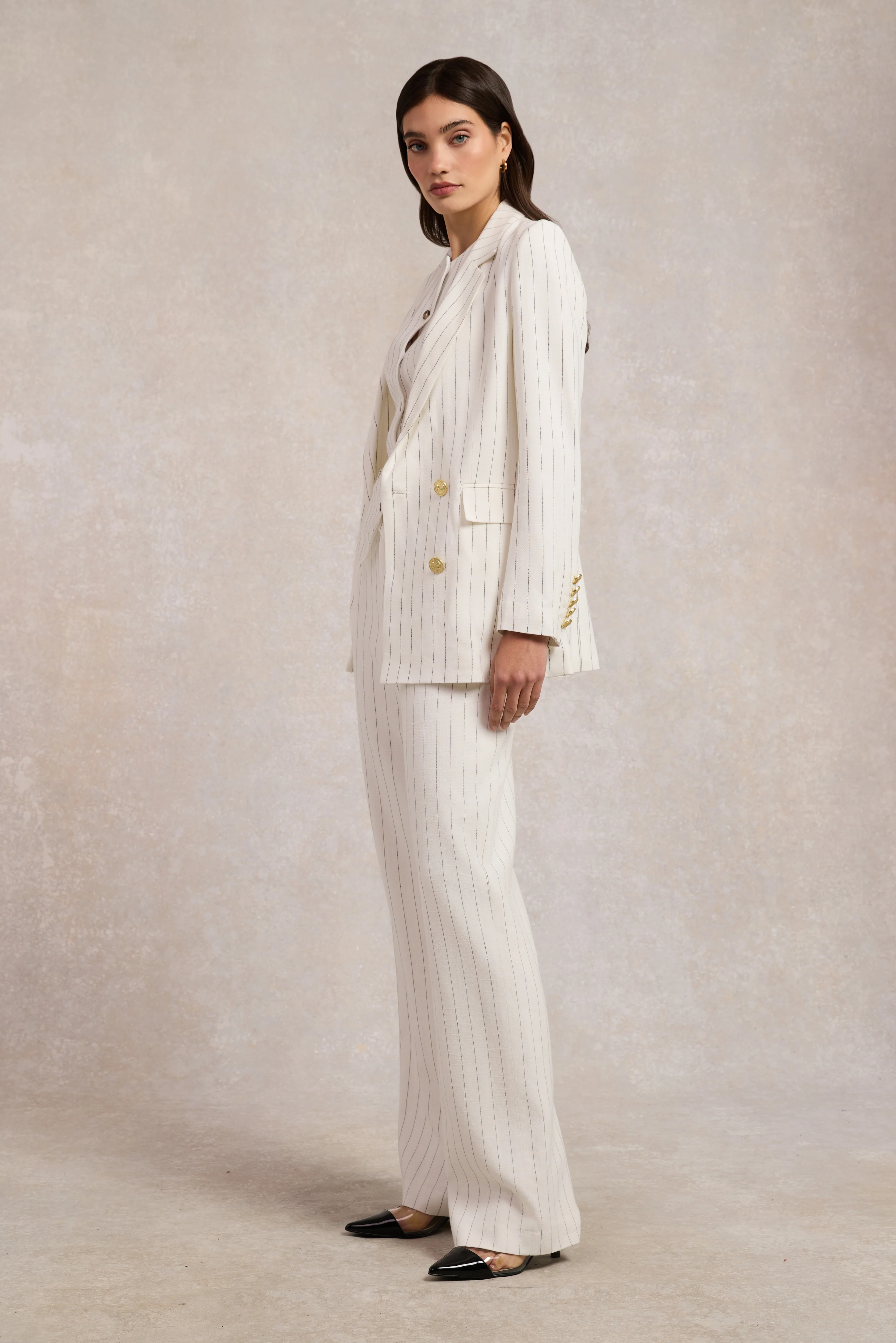 High Waisted Straight Trouser (Oyster Linen Pinstripe)