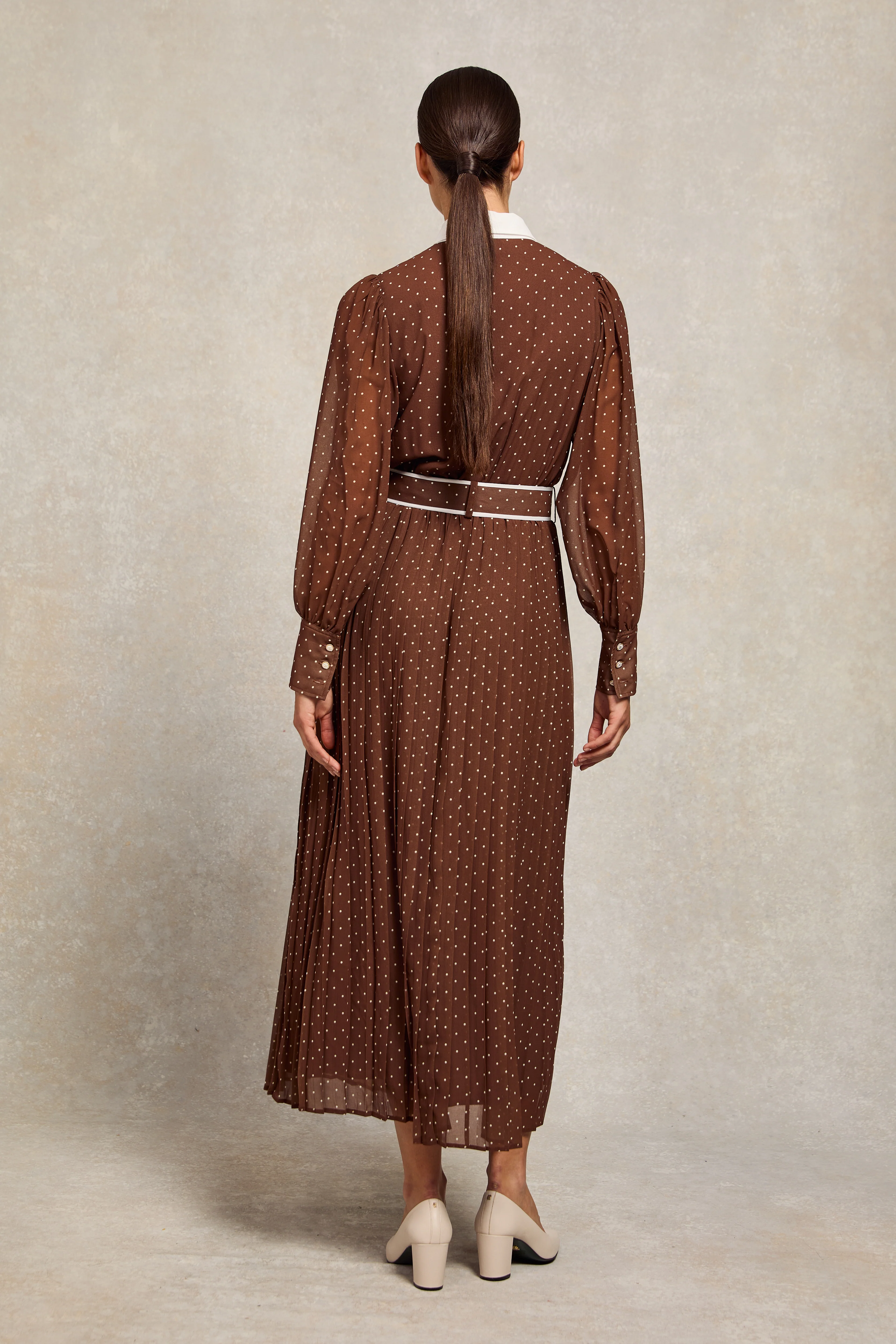 Annabel Pleated Maxi Dress (Chestnut Polka Dot)