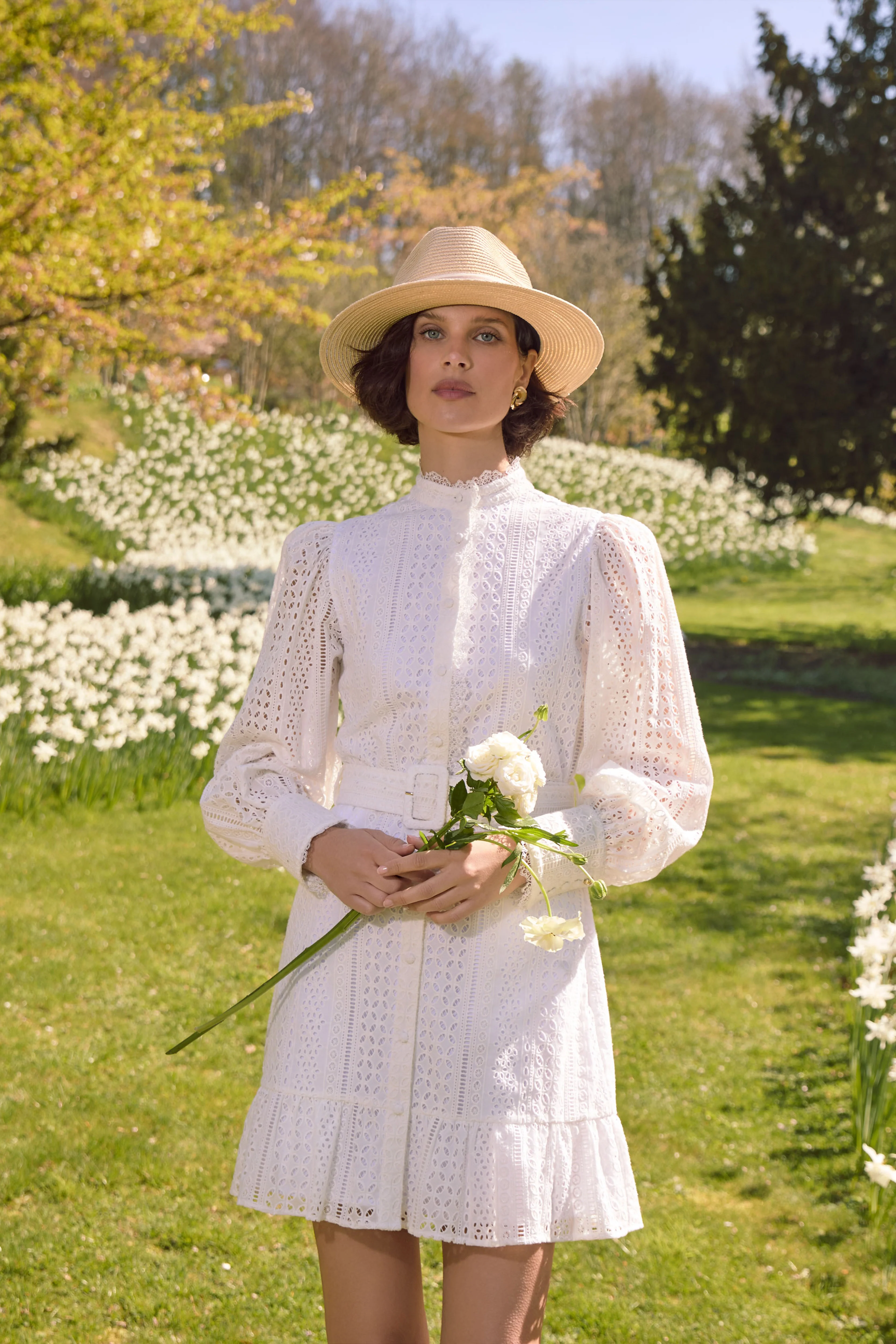 Collarless Broderie Mini Dress (White)