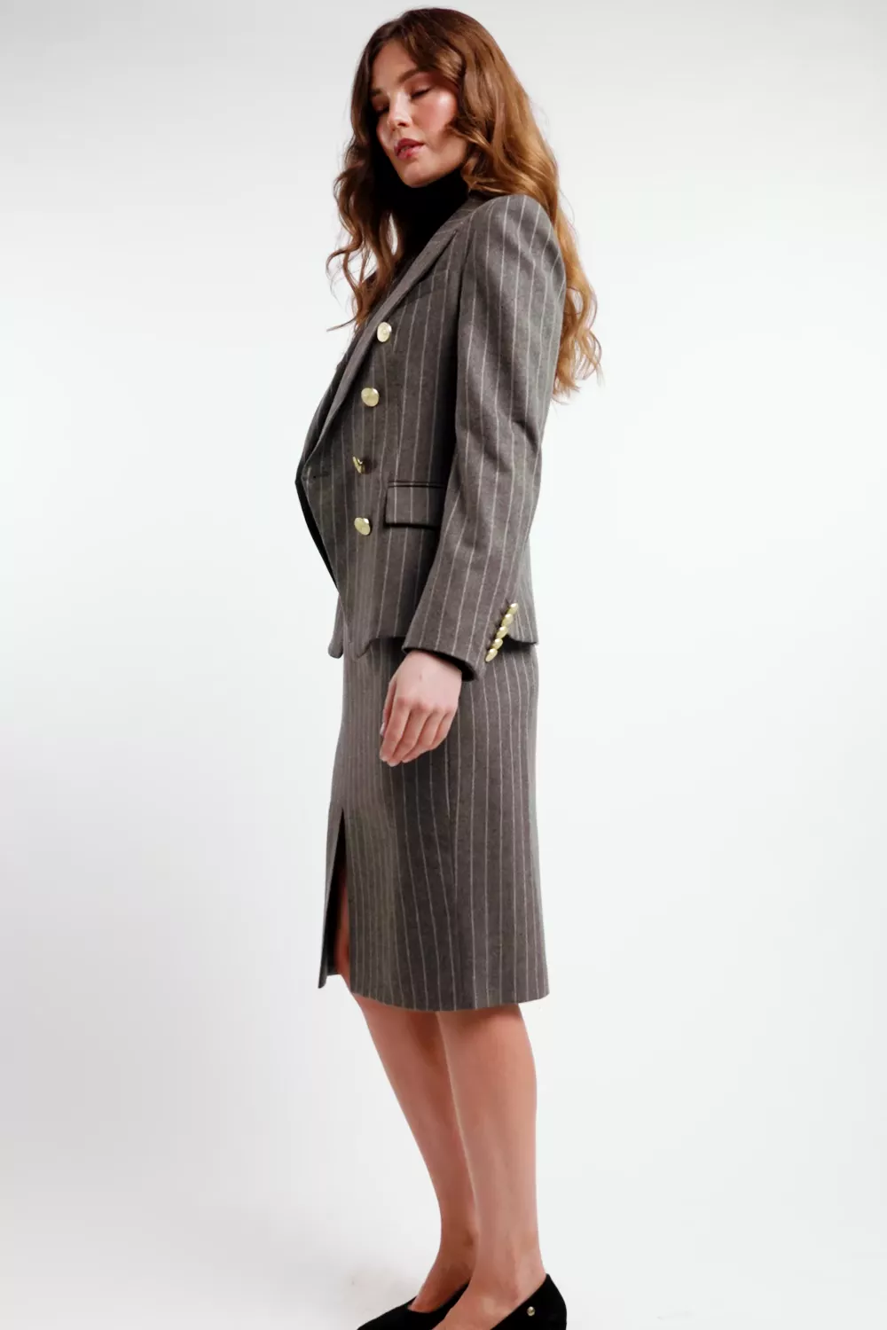 Mayfair Pencil Skirt (Soft Grey Pinstripe)