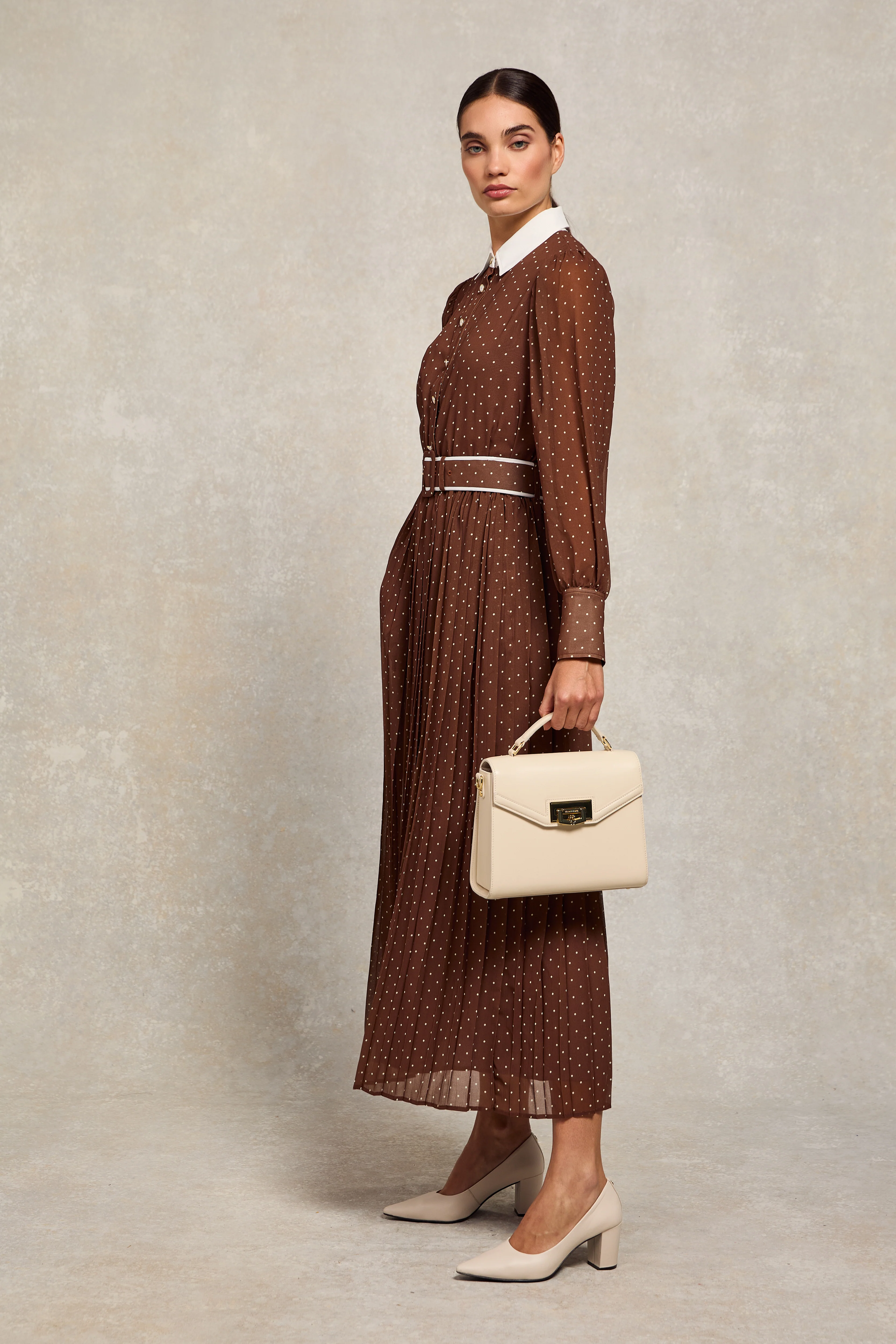 Annabel Pleated Maxi Dress (Chestnut Polka Dot)