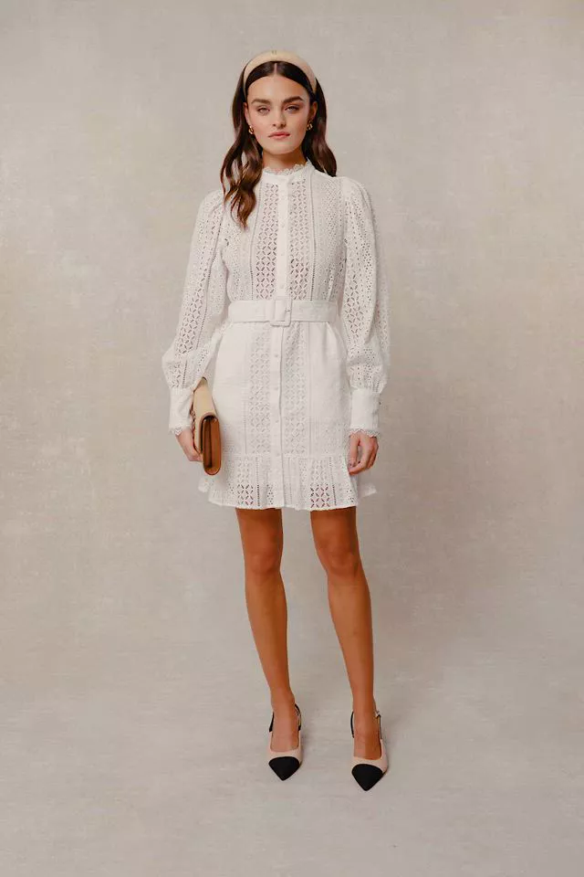 Collarless Broderie Mini Dress (White)