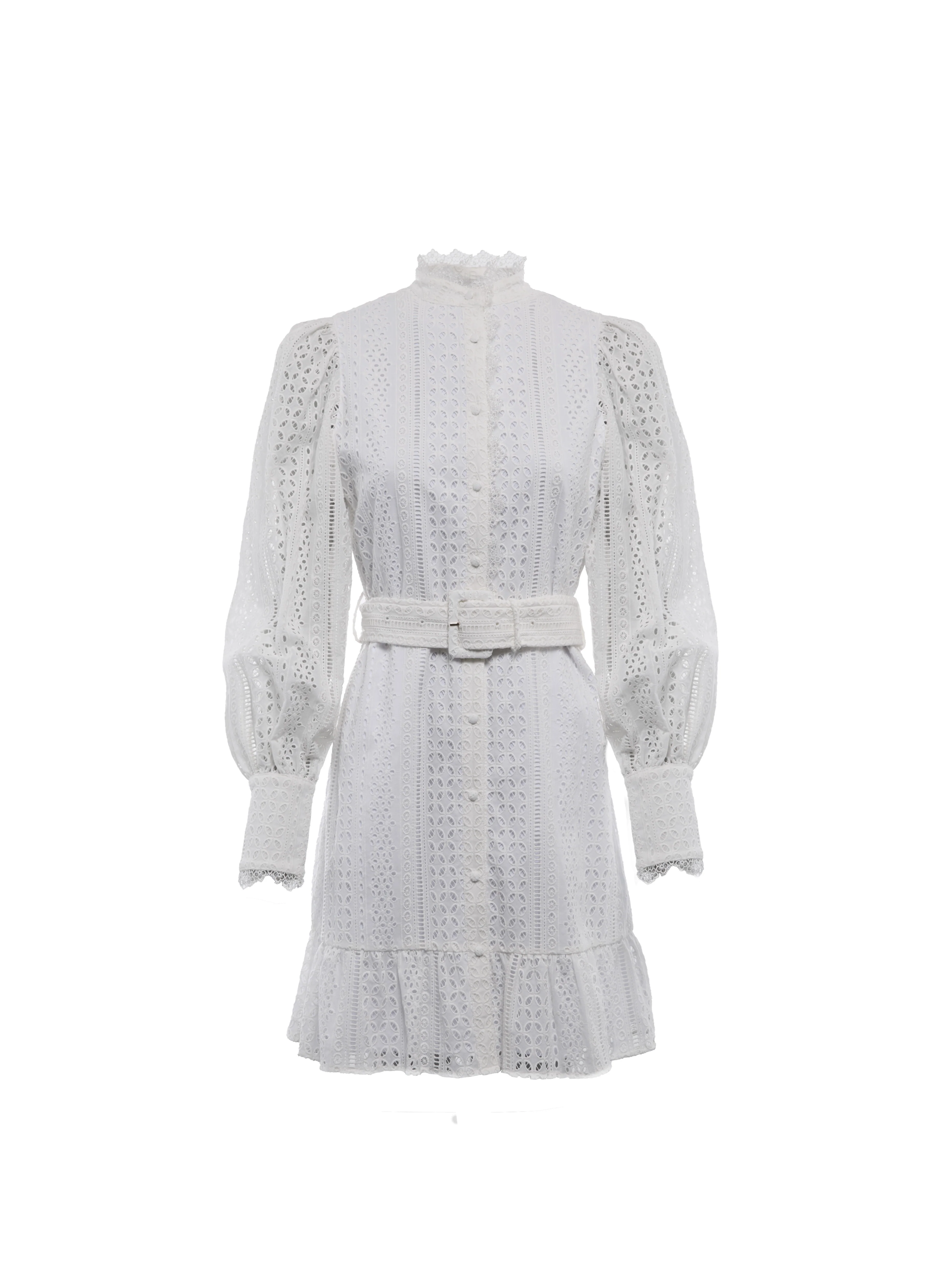 Collarless Broderie Mini Dress (White)