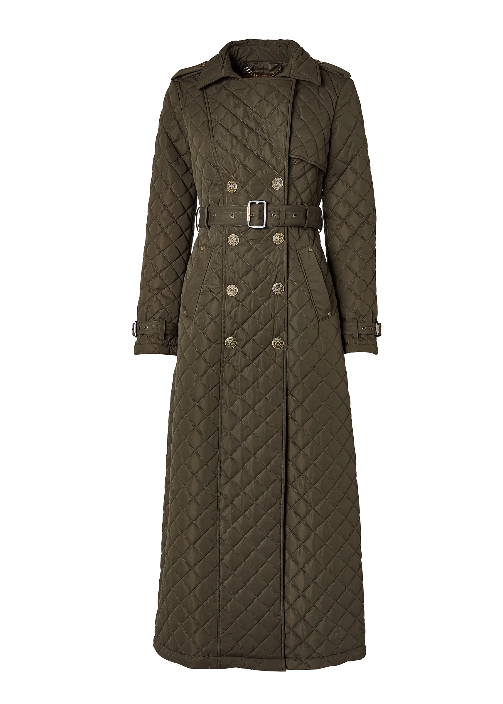 Full Length Enstone Quilted Trench Coat (Dark Olive)
