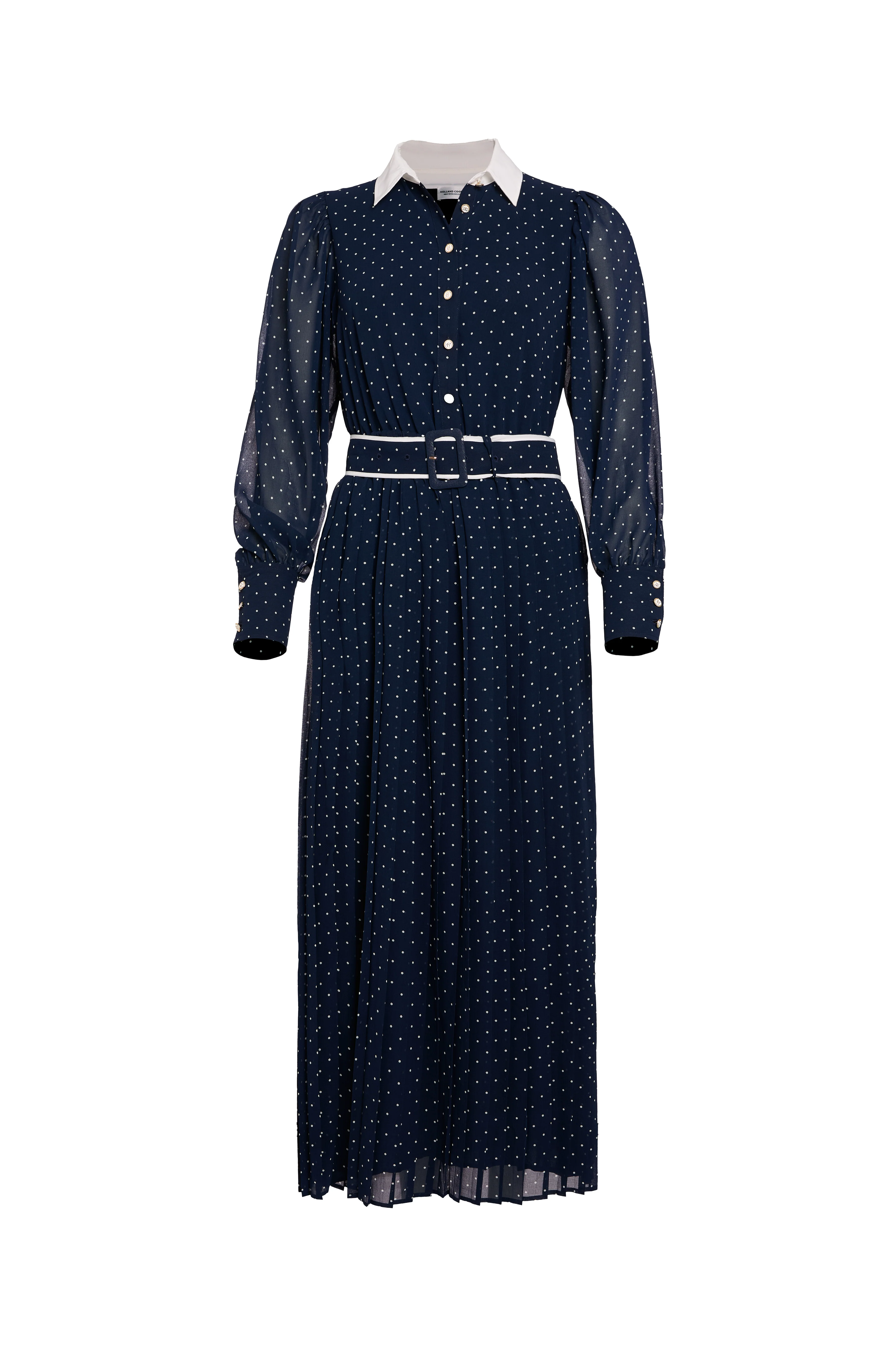 Annabel Pleated Maxi Dress (Ink Navy Polka Dot)