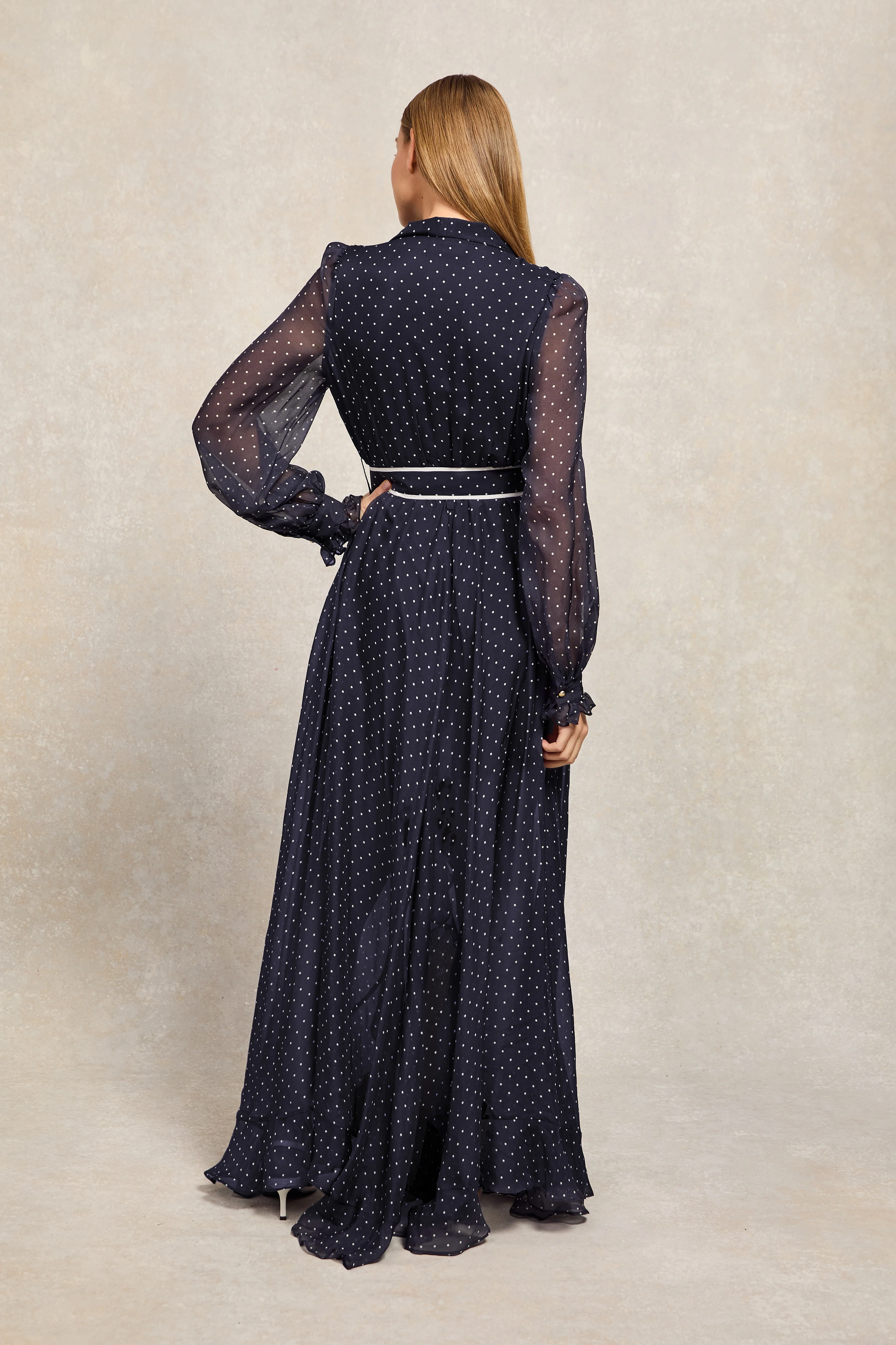 Esme Maxi Dress (Deep Navy Polka Dot)