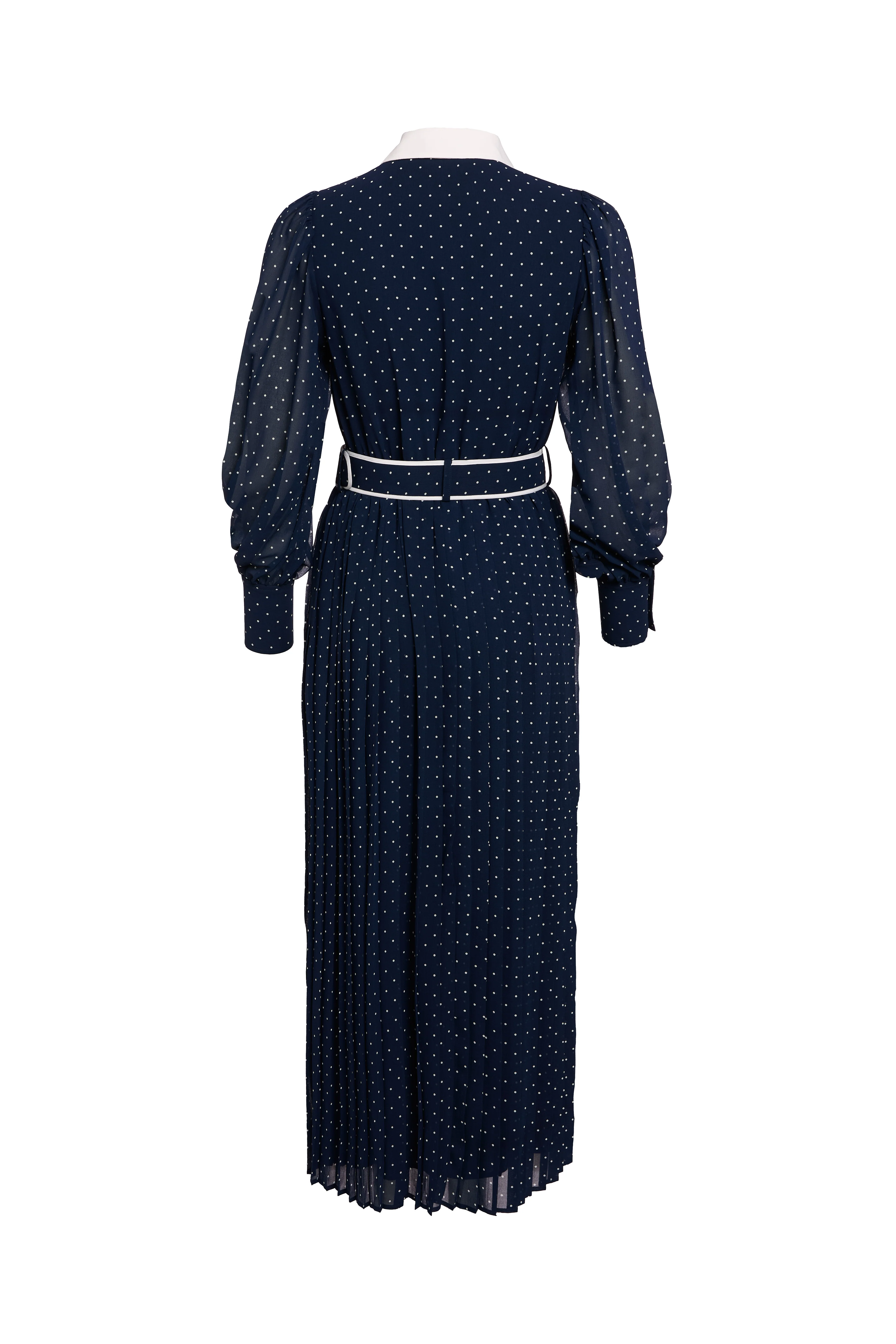 Annabel Pleated Maxi Dress (Ink Navy Polka Dot)