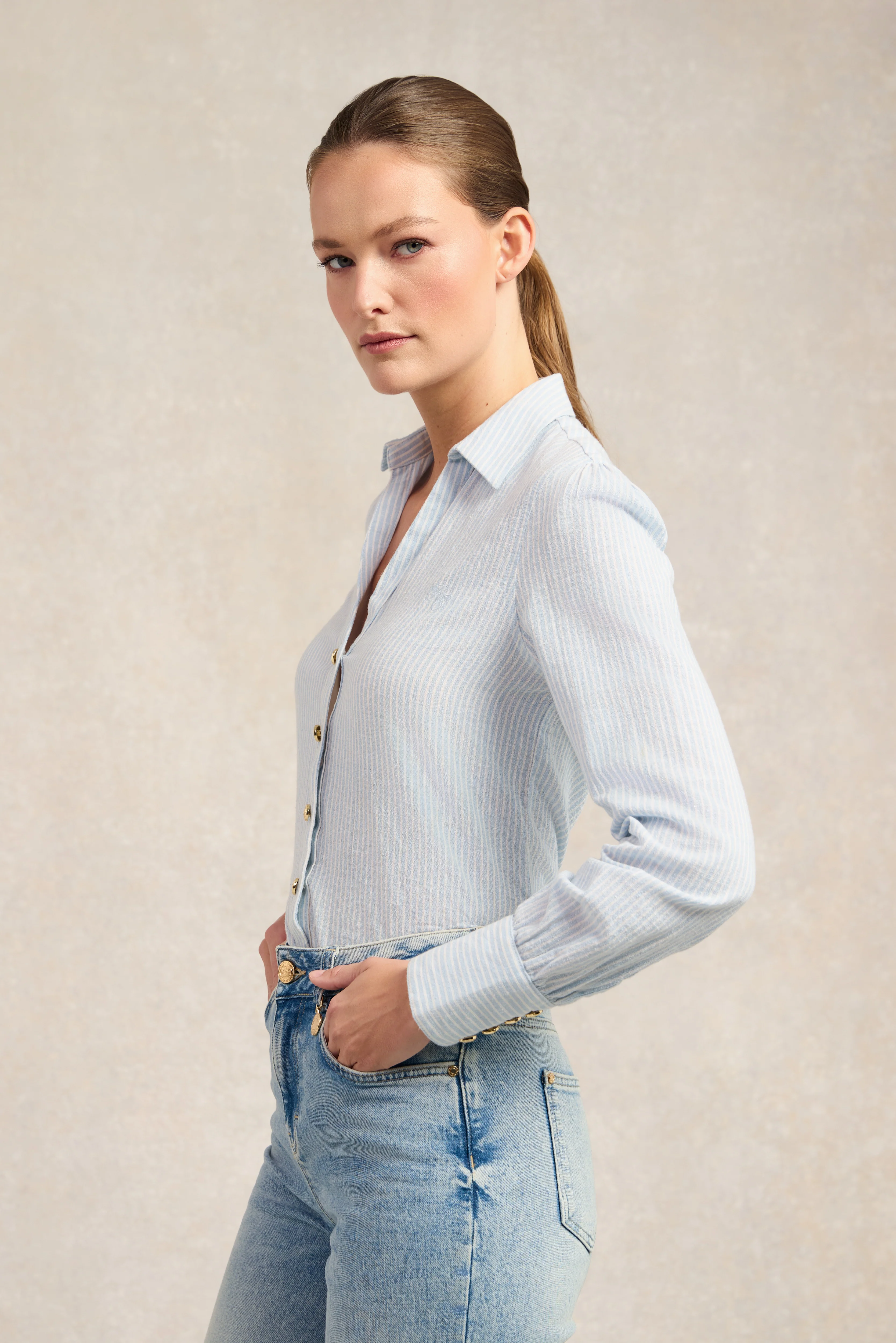 Classic V-Neck Blouse (Azure Stripe)