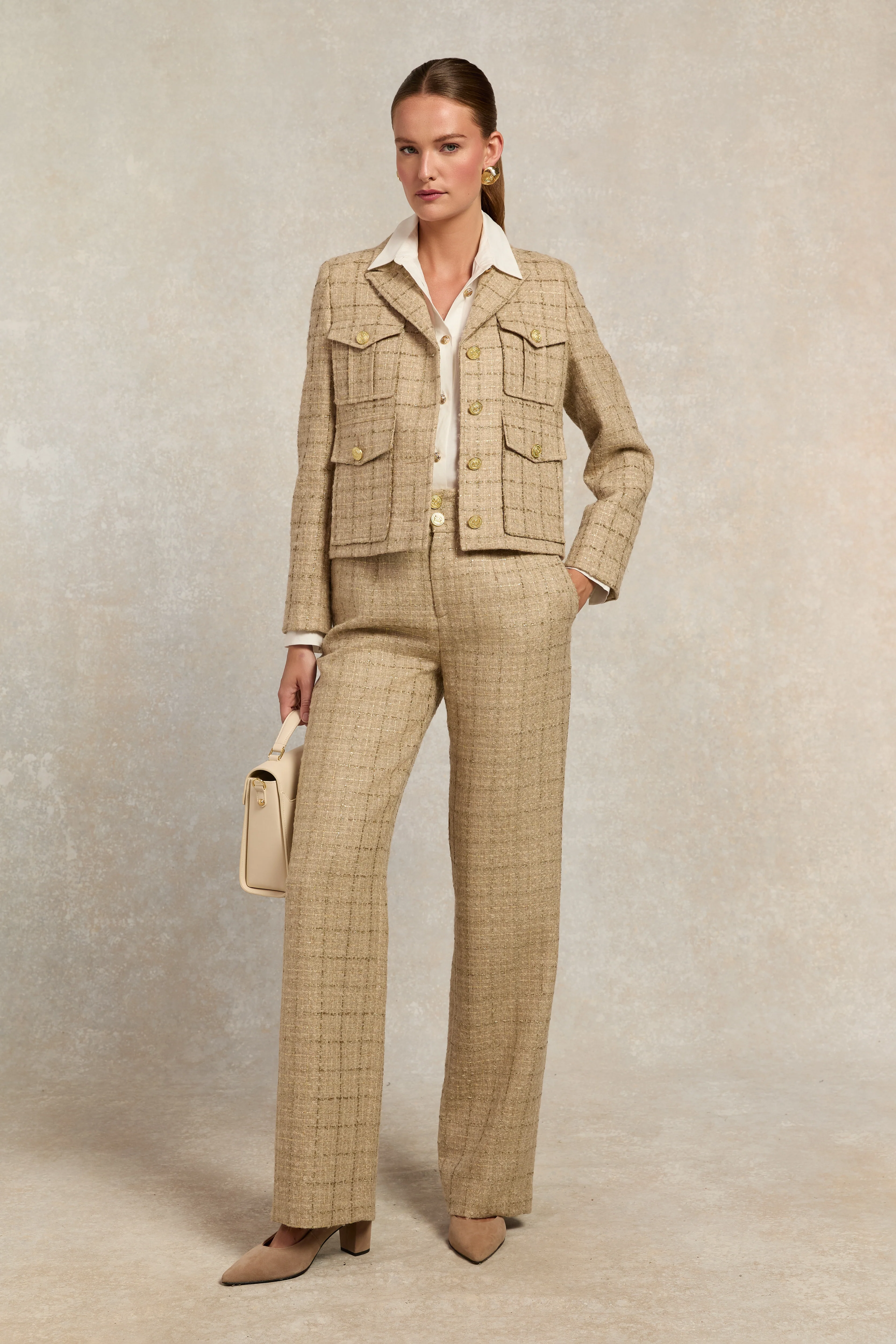 High Waisted Straight Trouser (Camel Sparkle Tweed)