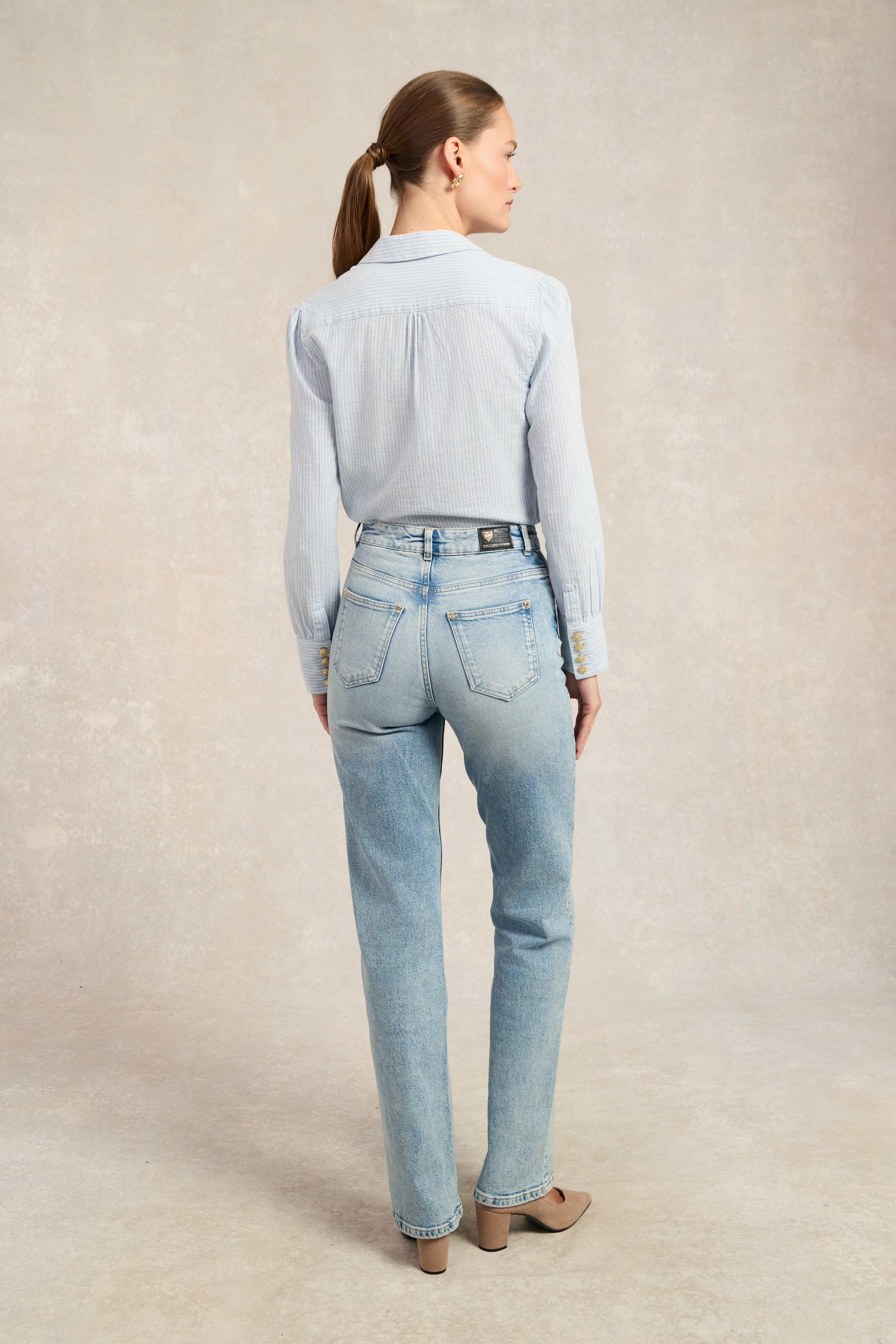 Classic V-Neck Blouse (Azure Stripe)