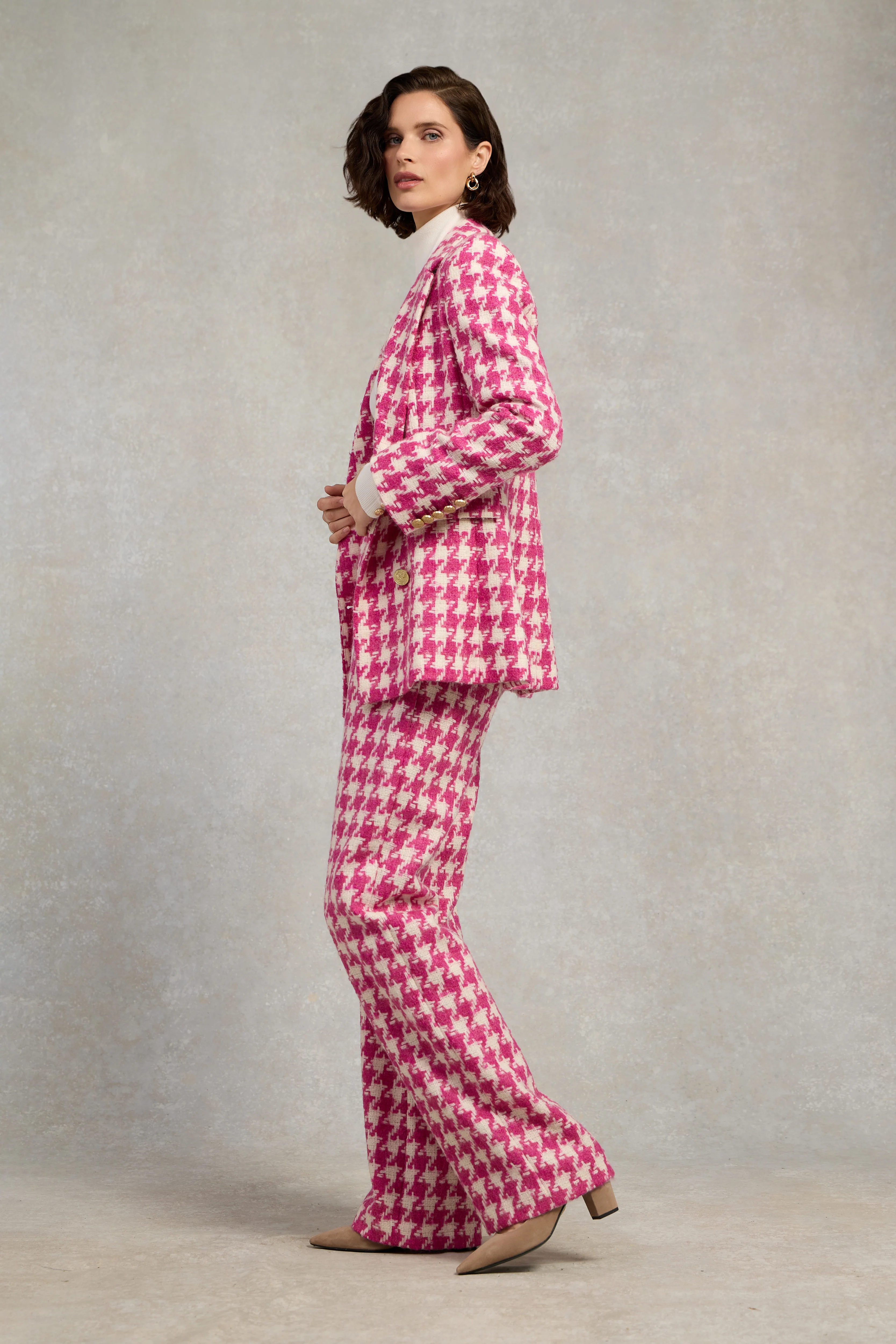 Double Breasted Blazer (Hot Pink Large Scale Houndstooth)